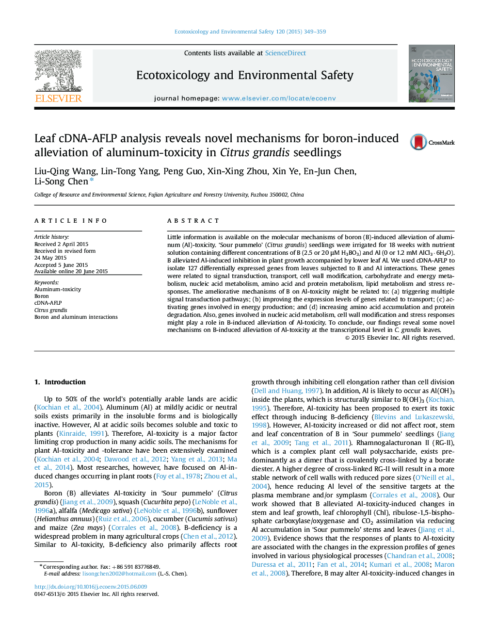 Leaf cDNA-AFLP analysis reveals novel mechanisms for boron-induced alleviation of aluminum-toxicity in Citrus grandis seedlings