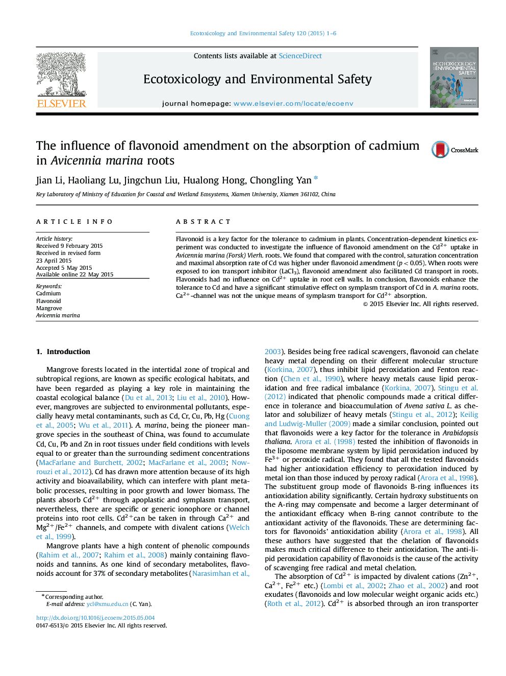 The influence of flavonoid amendment on the absorption of cadmium in Avicennia marina roots