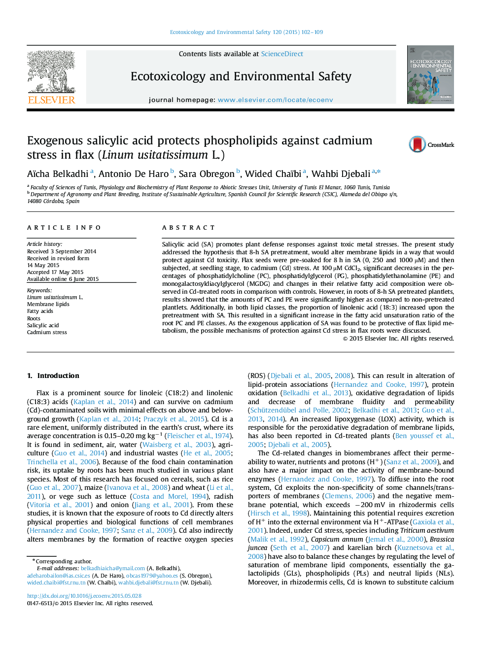 Exogenous salicylic acid protects phospholipids against cadmium stress in flax (Linum usitatissimum L.)