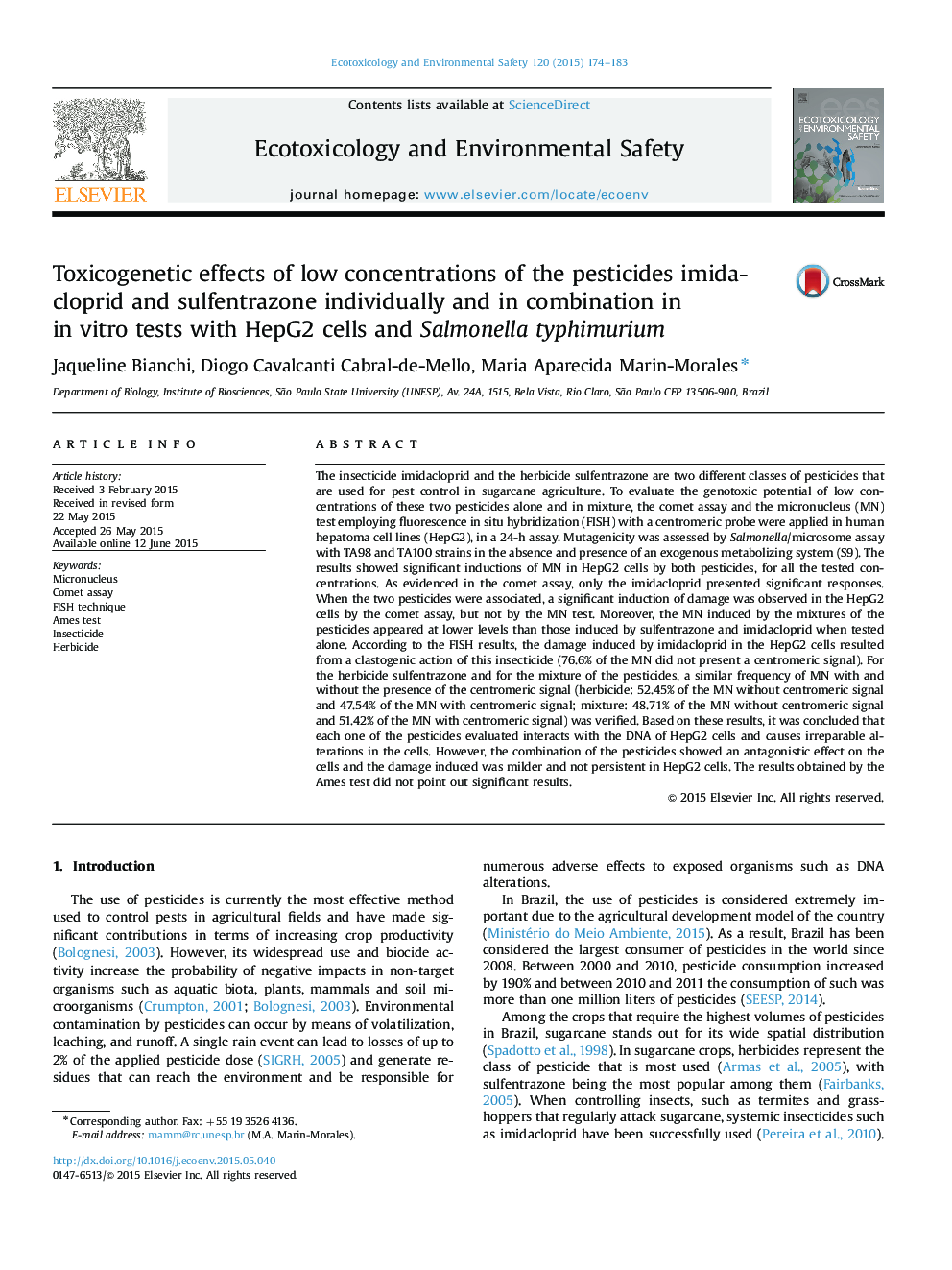 Toxicogenetic effects of low concentrations of the pesticides imidacloprid and sulfentrazone individually and in combination in in vitro tests with HepG2 cells and Salmonella typhimurium