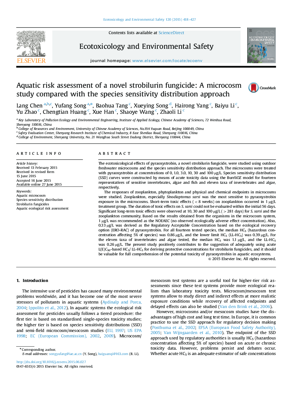 Aquatic risk assessment of a novel strobilurin fungicide: A microcosm study compared with the species sensitivity distribution approach