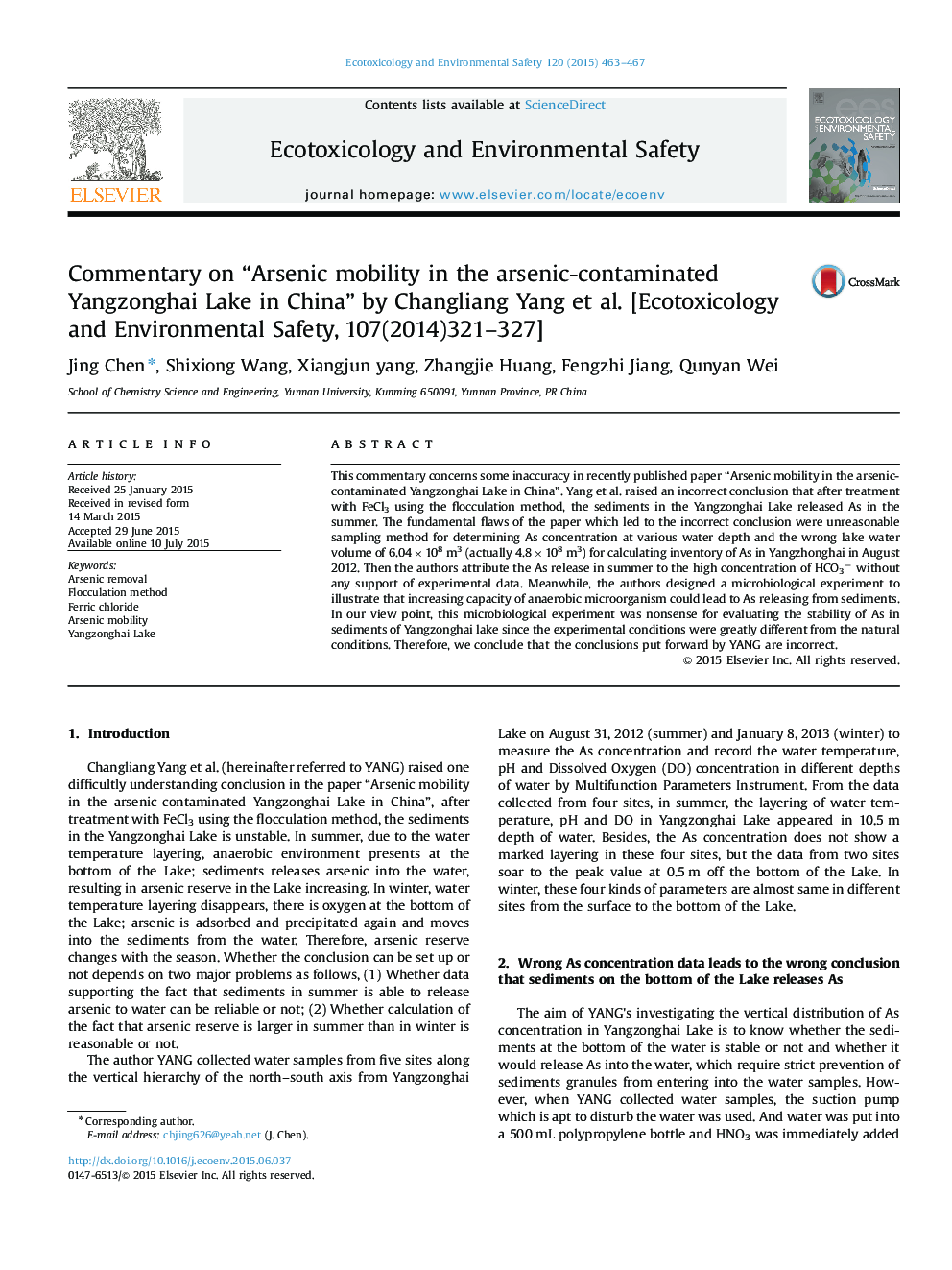 Commentary on “Arsenic mobility in the arsenic-contaminated Yangzonghai Lake in China” by Changliang Yang et al. [Ecotoxicology and Environmental Safety, 107(2014)321–327]