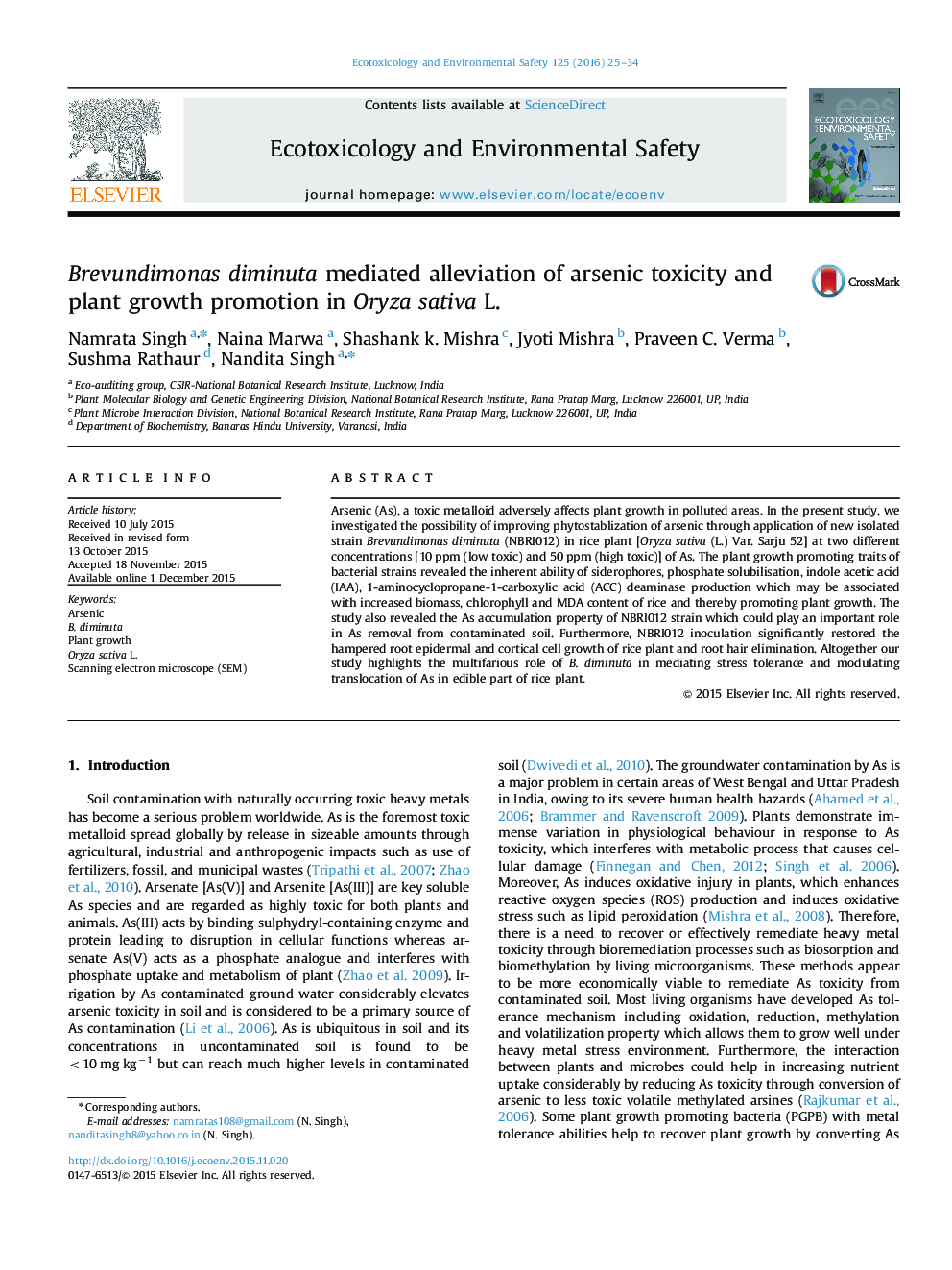 Brevundimonas diminuta mediated alleviation of arsenic toxicity and plant growth promotion in Oryza sativa L.