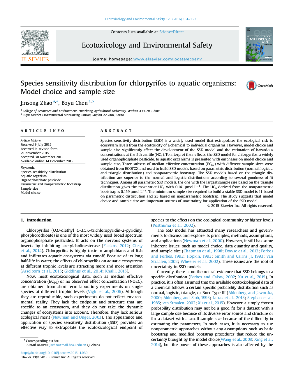 توزیع حساسیت گونه ها برای کلرپیریفوس به موجودات آبزی: انتخاب مدل و اندازه نمونه 