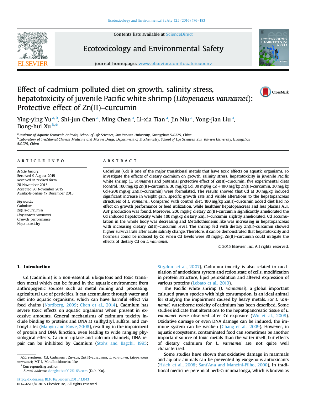 Effect of cadmium-polluted diet on growth, salinity stress, hepatotoxicity of juvenile Pacific white shrimp (Litopenaeus vannamei): Protective effect of Zn(II)–curcumin