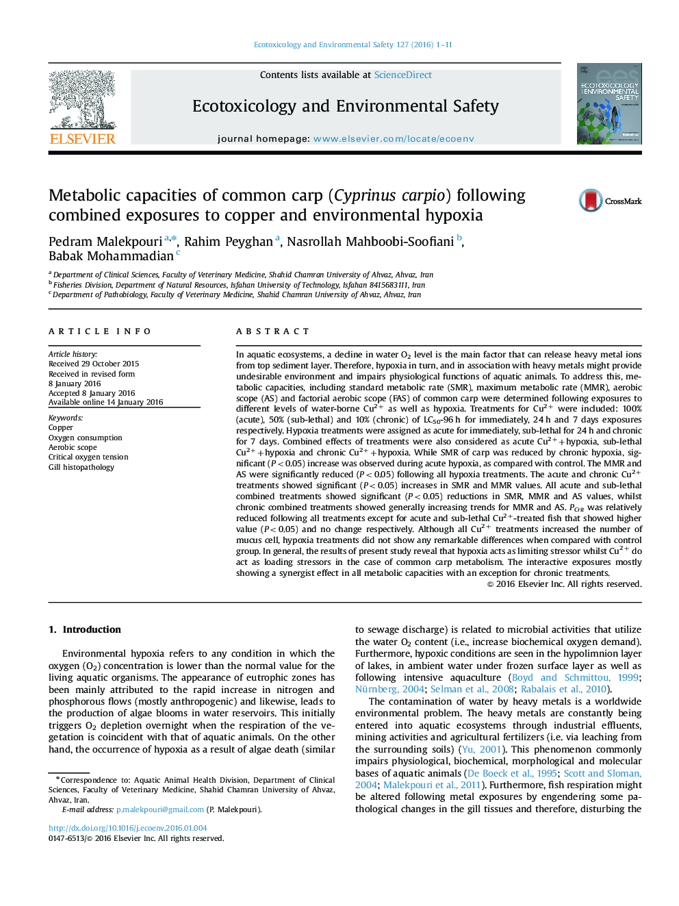 Metabolic capacities of common carp (Cyprinus carpio) following combined exposures to copper and environmental hypoxia