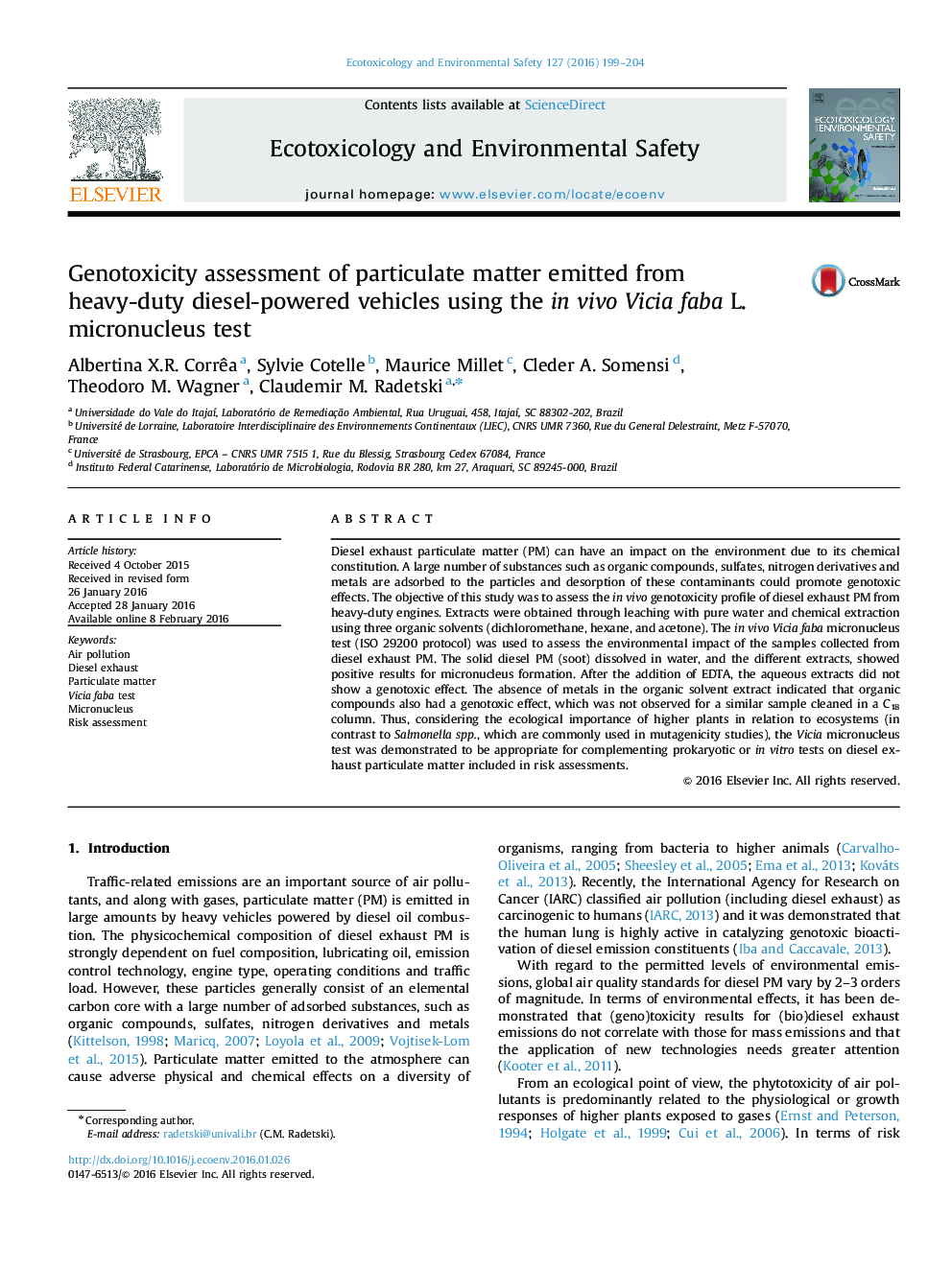 عکس صفحه اول مقاله: Genotoxicity assessment of particulate matter emitted from heavy-duty diesel-powered vehicles using the in vivo Vicia faba L. micronucleus test Genotoxicity assessment of particulate matter emitted from heavy-duty diesel-powered vehicles using the in vivo Vicia faba L. micronucleus test