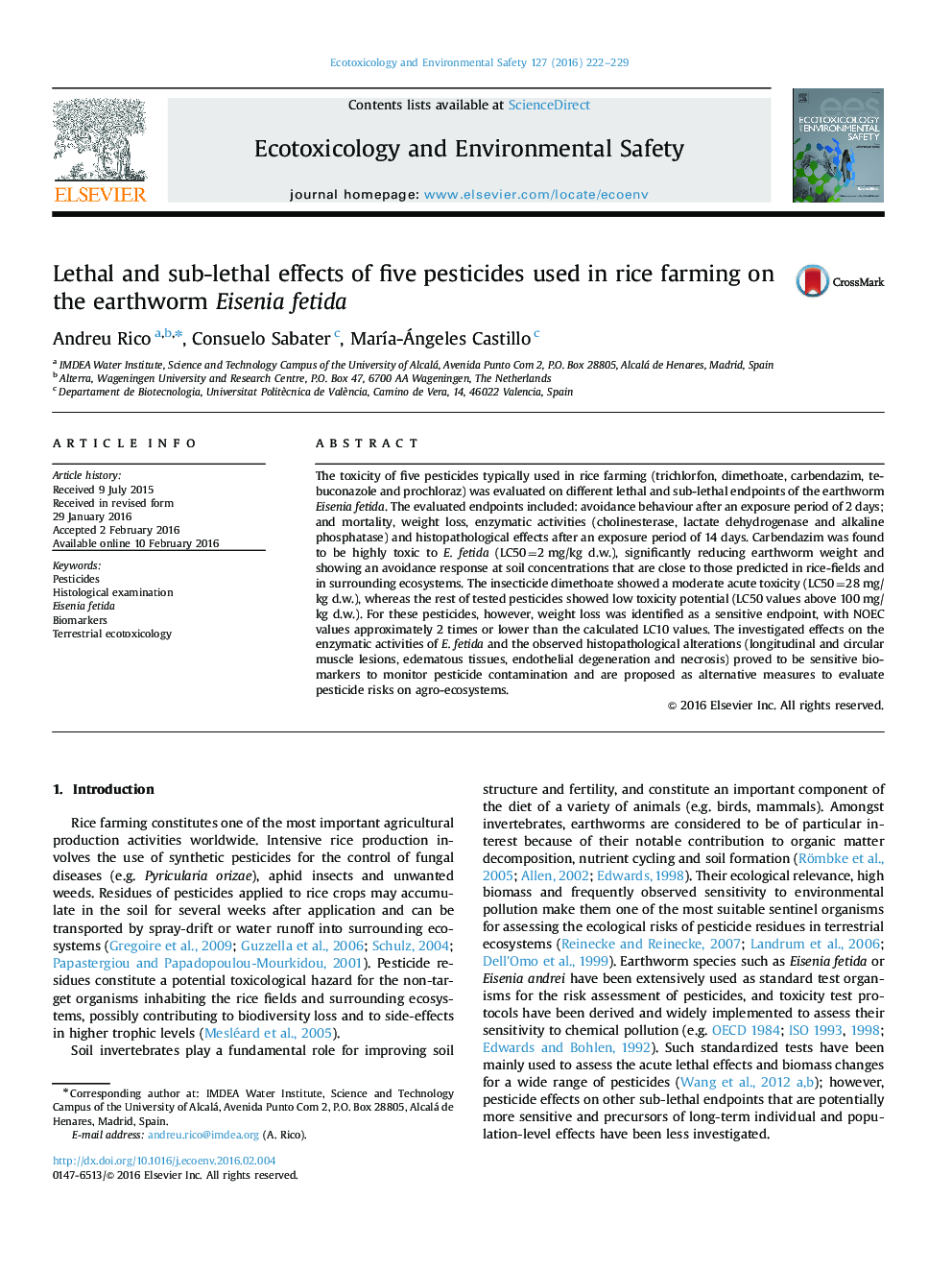 Lethal and sub-lethal effects of five pesticides used in rice farming on the earthworm Eisenia fetida