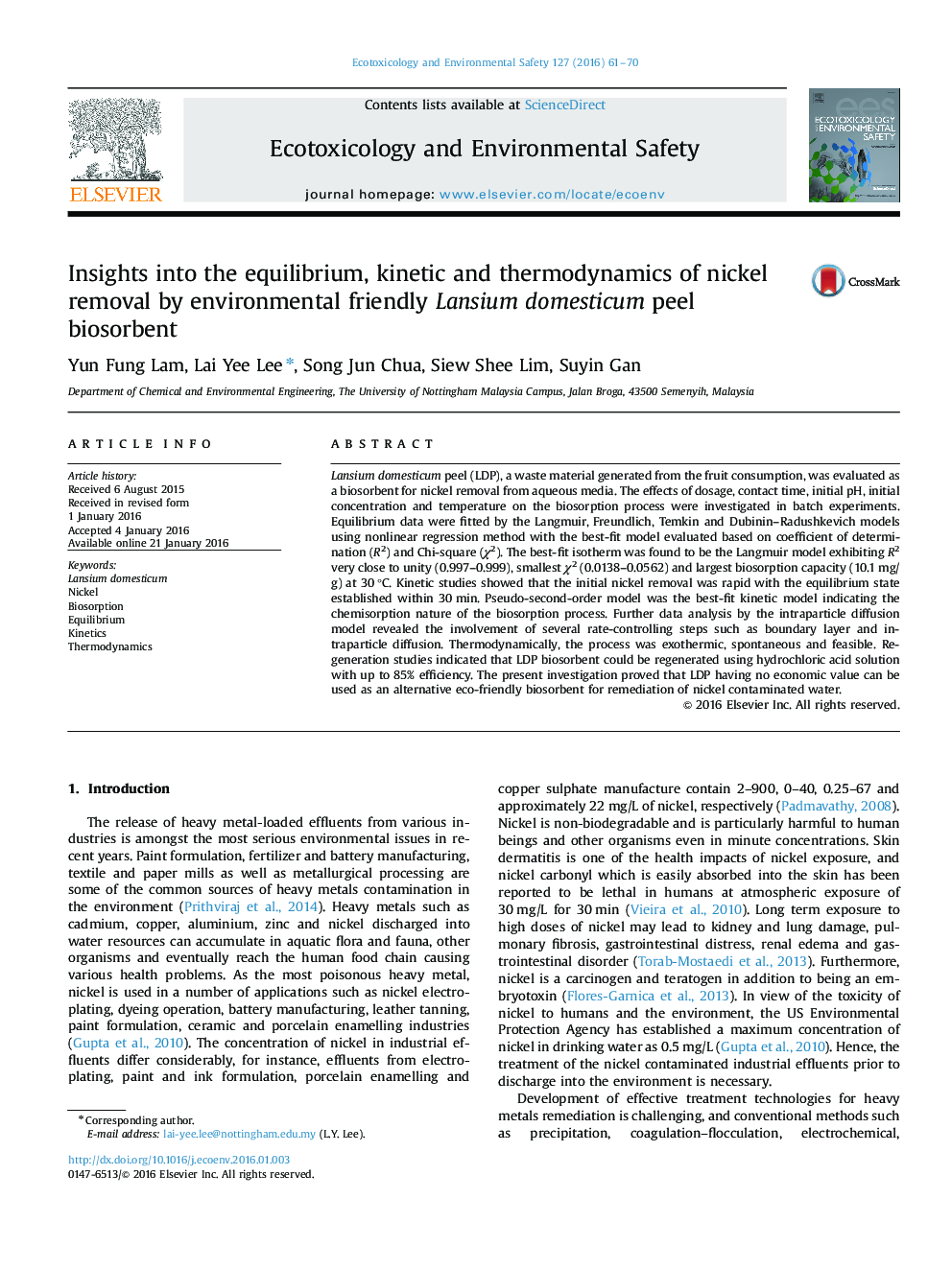 Insights into the equilibrium, kinetic and thermodynamics of nickel removal by environmental friendly Lansium domesticum peel biosorbent