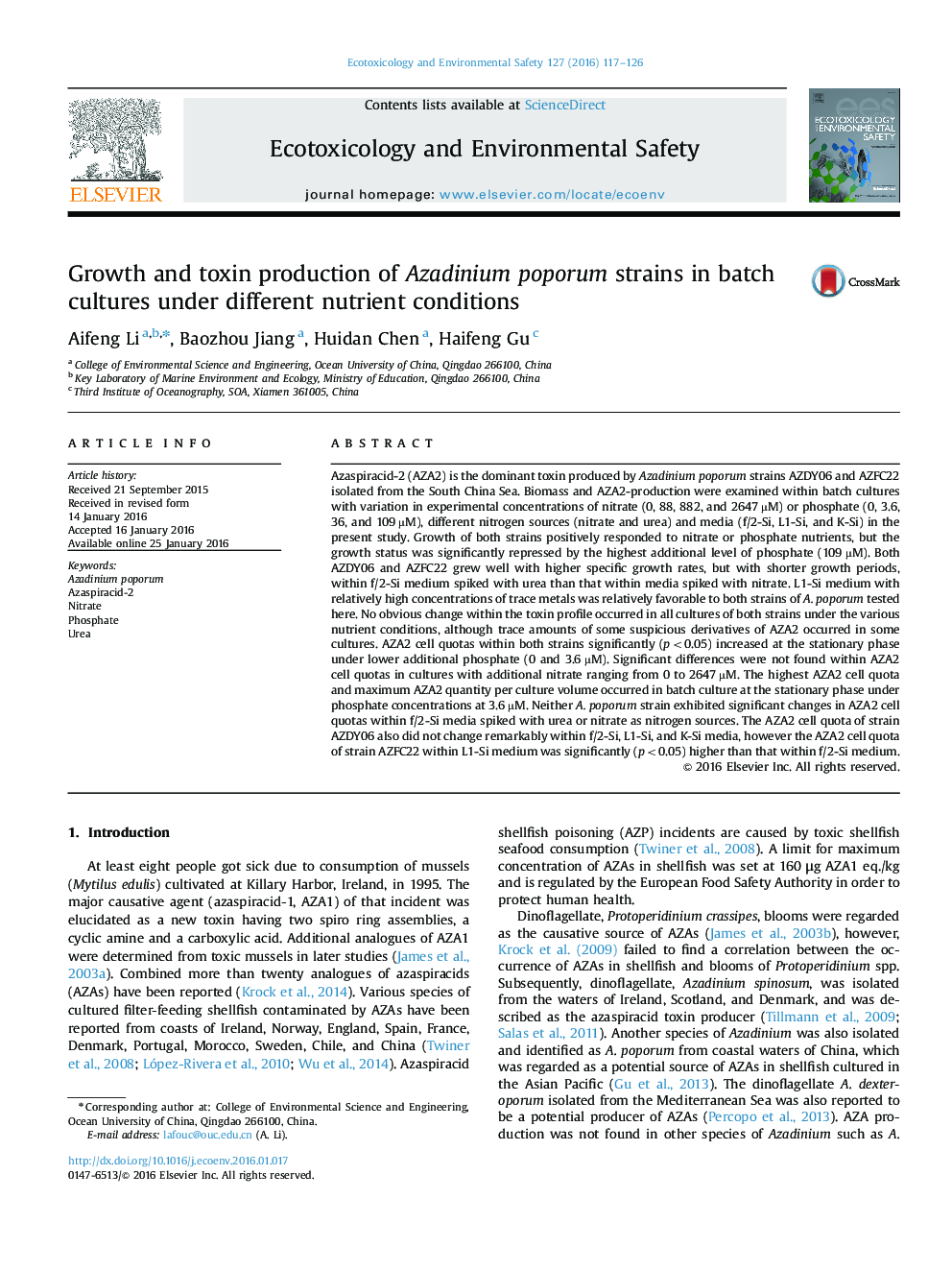 Growth and toxin production of Azadinium poporum strains in batch cultures under different nutrient conditions