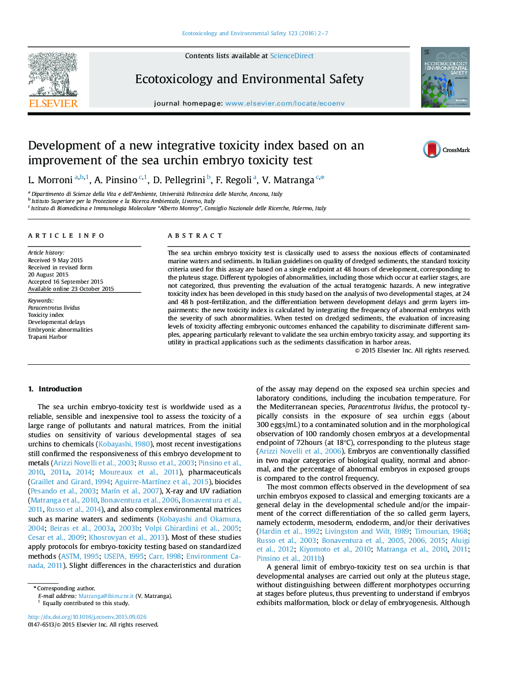 Development of a new integrative toxicity index based on an improvement of the sea urchin embryo toxicity test