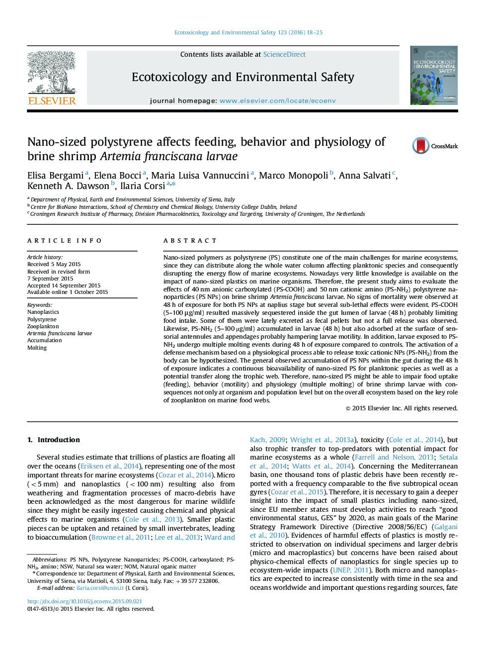 Nano-sized polystyrene affects feeding, behavior and physiology of brine shrimp Artemia franciscana larvae