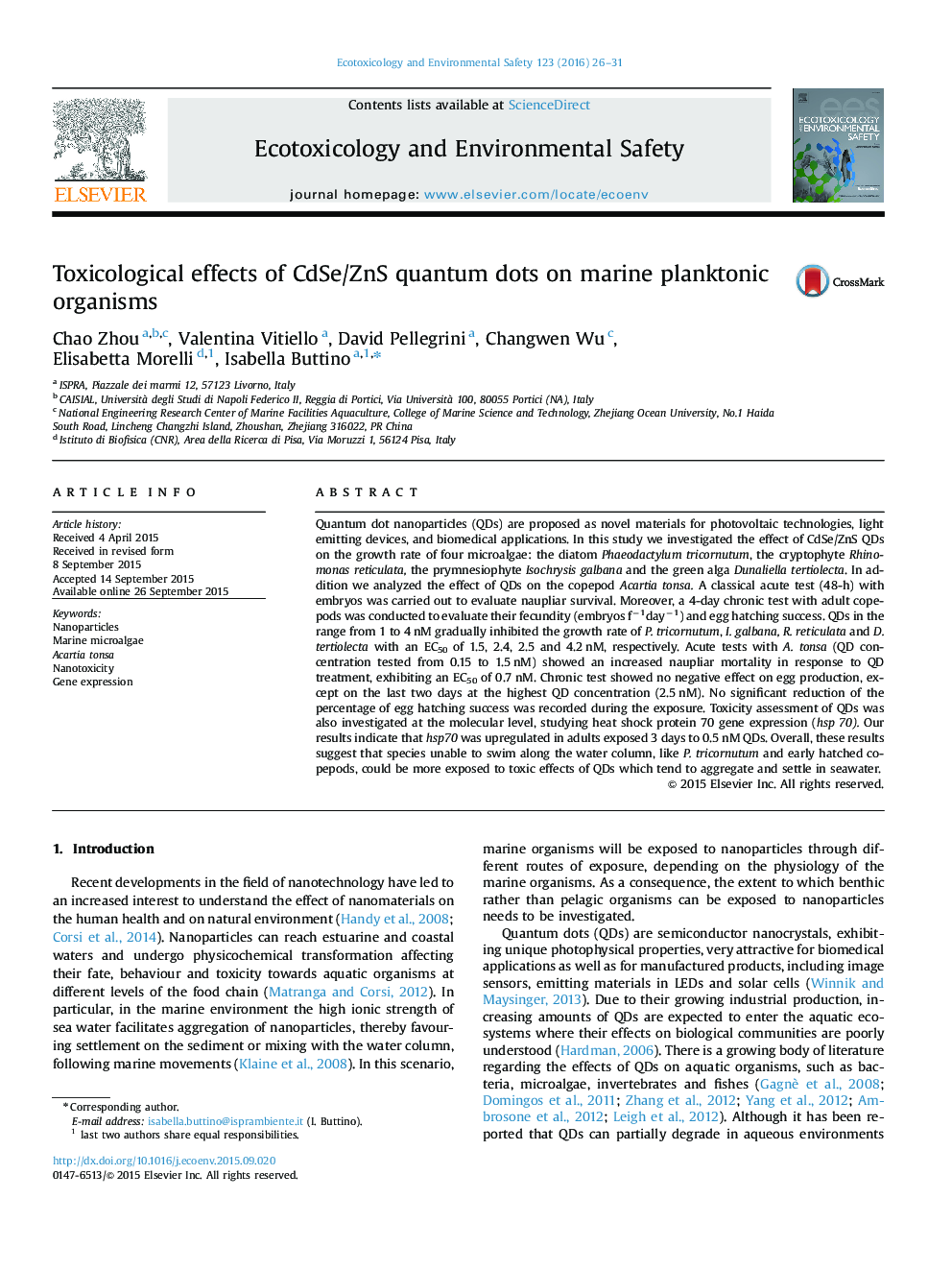 اثرات سم شناسی نقاط کوانتومی CdSe / ZnS بر موجودات پلانکتونی دریایی