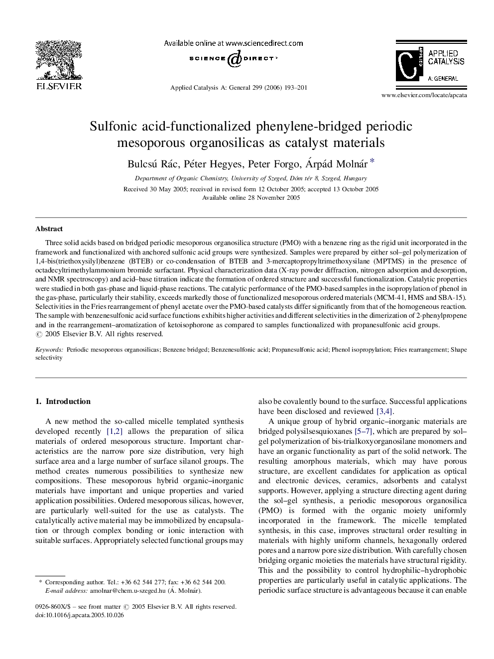 Sulfonic acid-functionalized phenylene-bridged periodic mesoporous organosilicas as catalyst materials