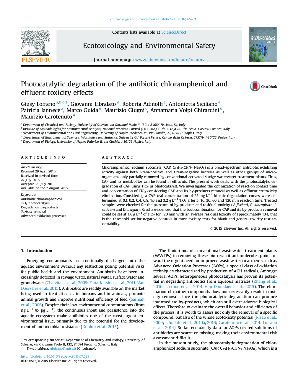 Photocatalytic degradation of the antibiotic chloramphenicol and effluent toxicity effects