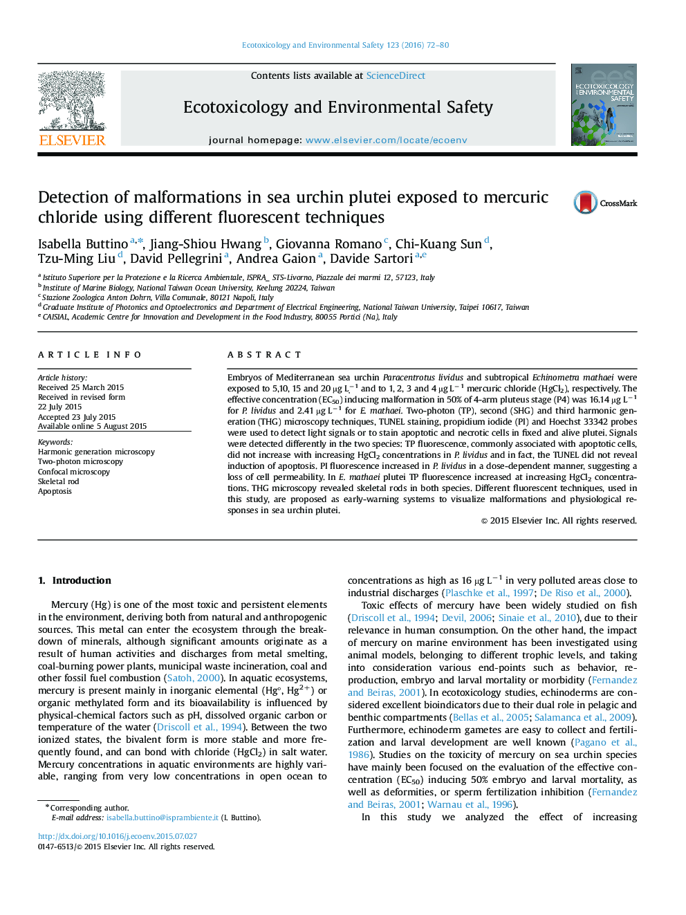 Detection of malformations in sea urchin plutei exposed to mercuric chloride using different fluorescent techniques