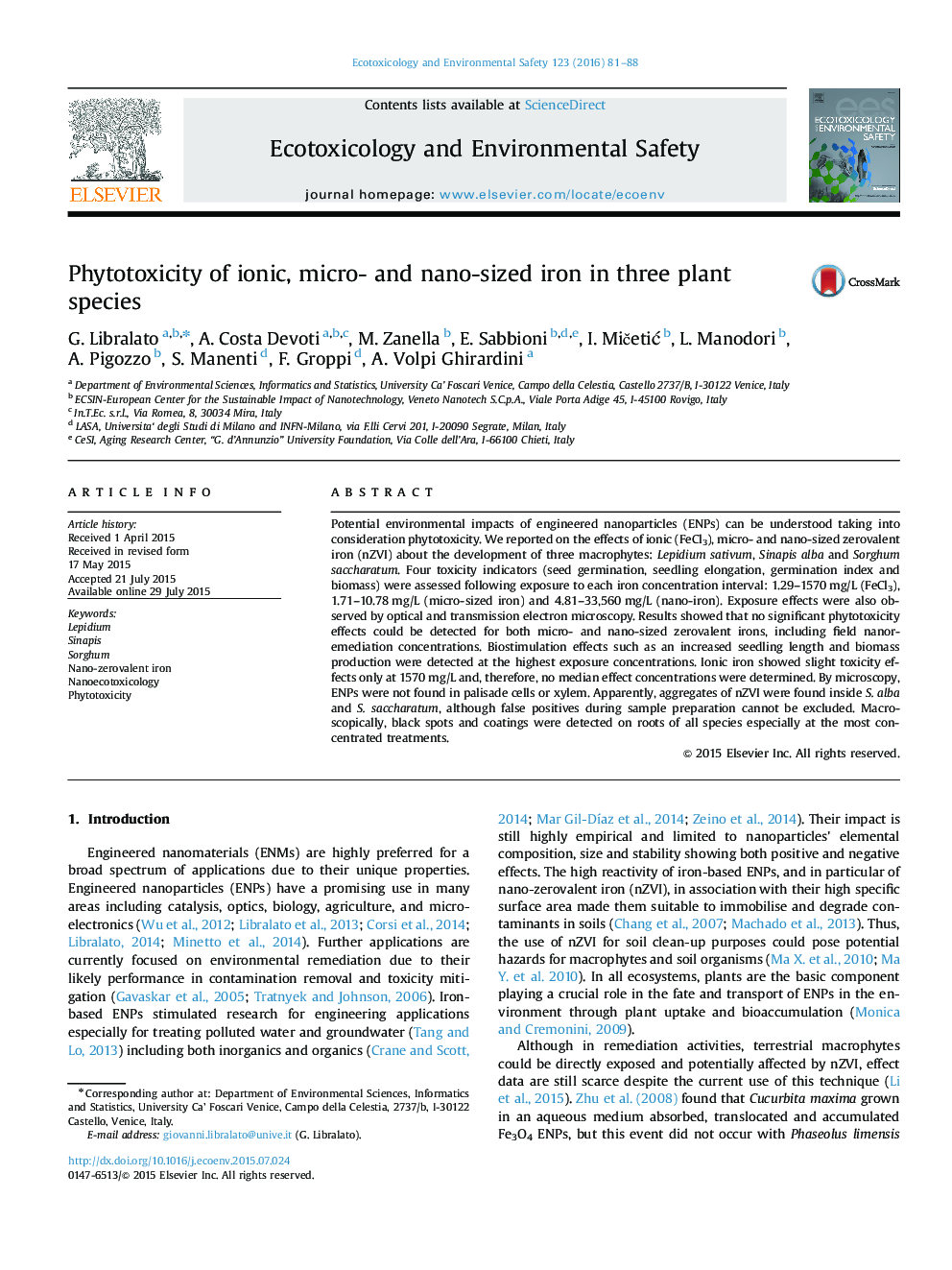 Phytotoxicity of ionic, micro- and nano-sized iron in three plant species