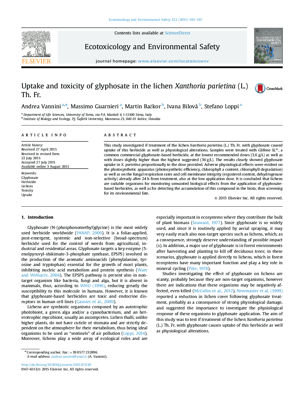 Uptake and toxicity of glyphosate in the lichen Xanthoria parietina (L.) Th. Fr.