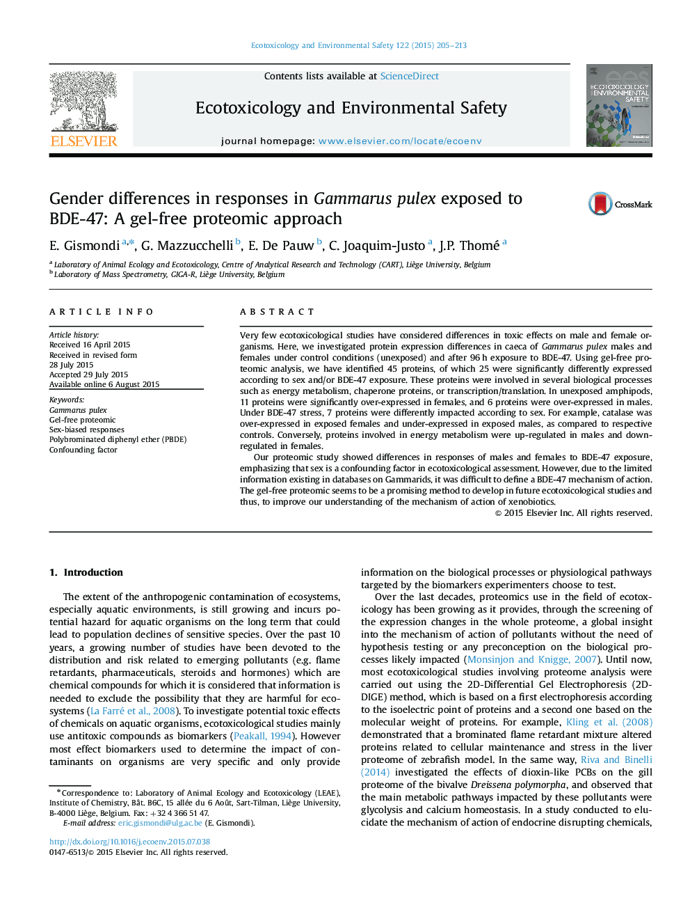 Gender differences in responses in Gammarus pulex exposed to BDE-47: A gel-free proteomic approach