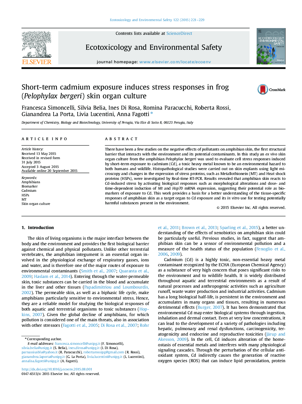 Short-term cadmium exposure induces stress responses in frog (Pelophylax bergeri) skin organ culture