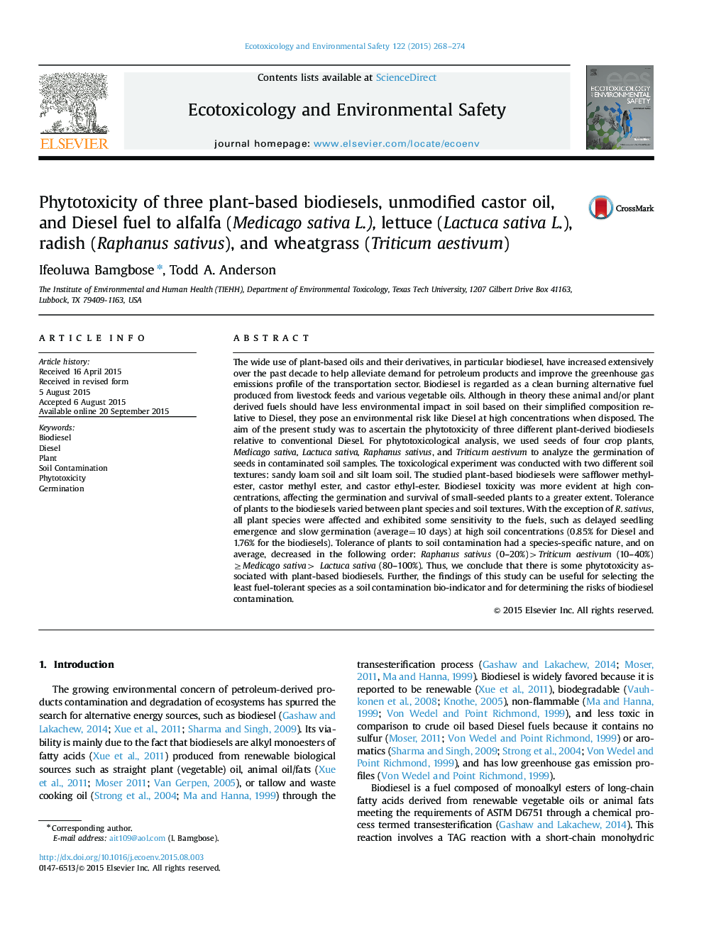 Phytotoxicity of three plant-based biodiesels, unmodified castor oil, and Diesel fuel to alfalfa (Medicago sativa L.), lettuce (Lactuca sativa L.), radish (Raphanus sativus), and wheatgrass (Triticum aestivum)