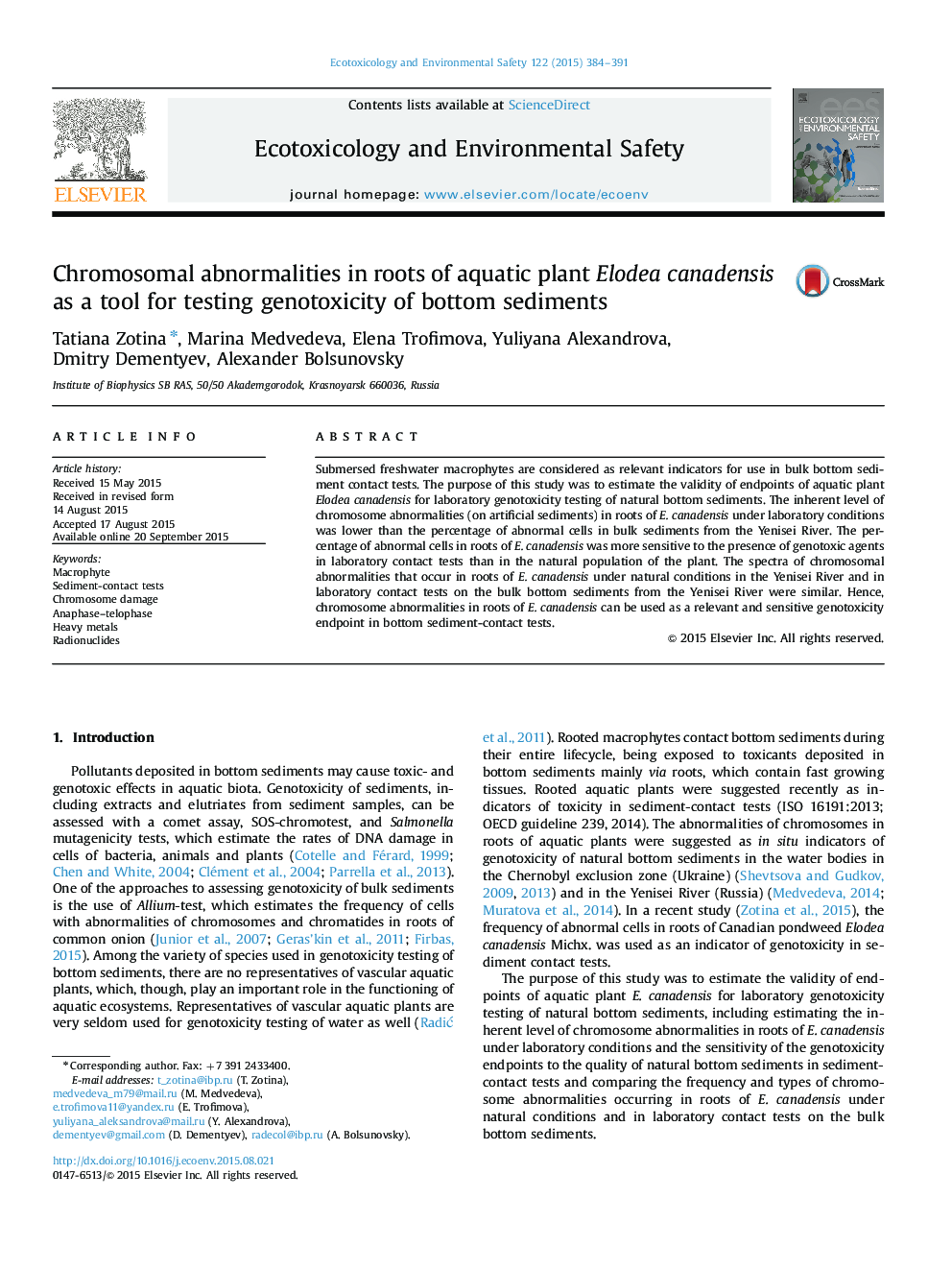 Chromosomal abnormalities in roots of aquatic plant Elodea canadensis as a tool for testing genotoxicity of bottom sediments