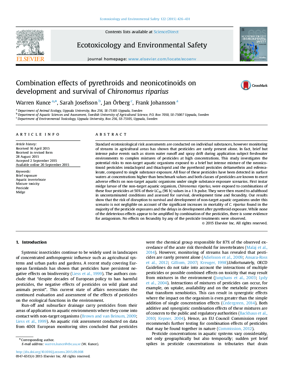 Combination effects of pyrethroids and neonicotinoids on development and survival of Chironomus riparius