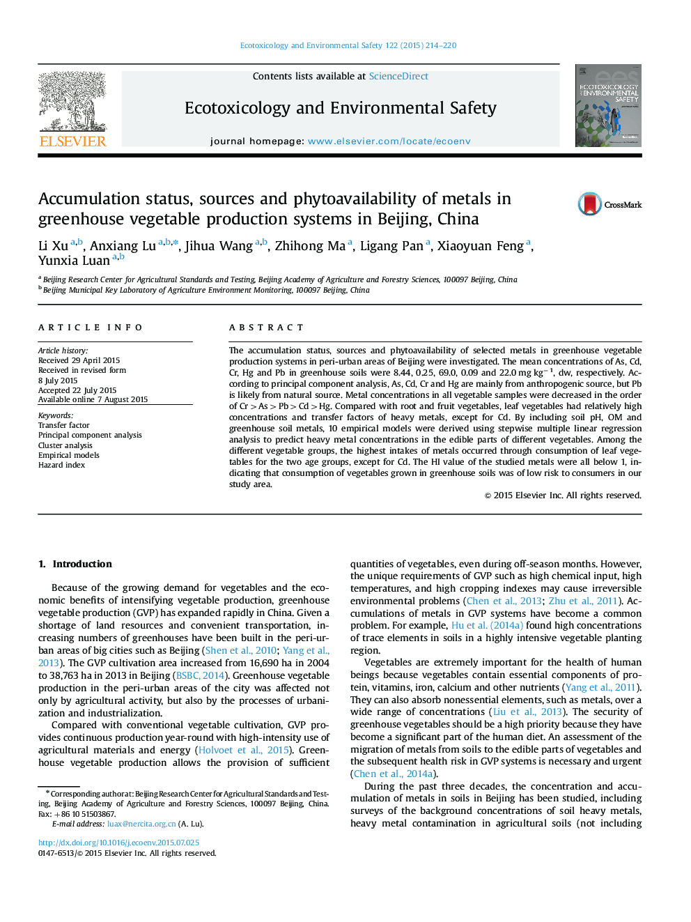 Accumulation status, sources and phytoavailability of metals in greenhouse vegetable production systems in Beijing, China