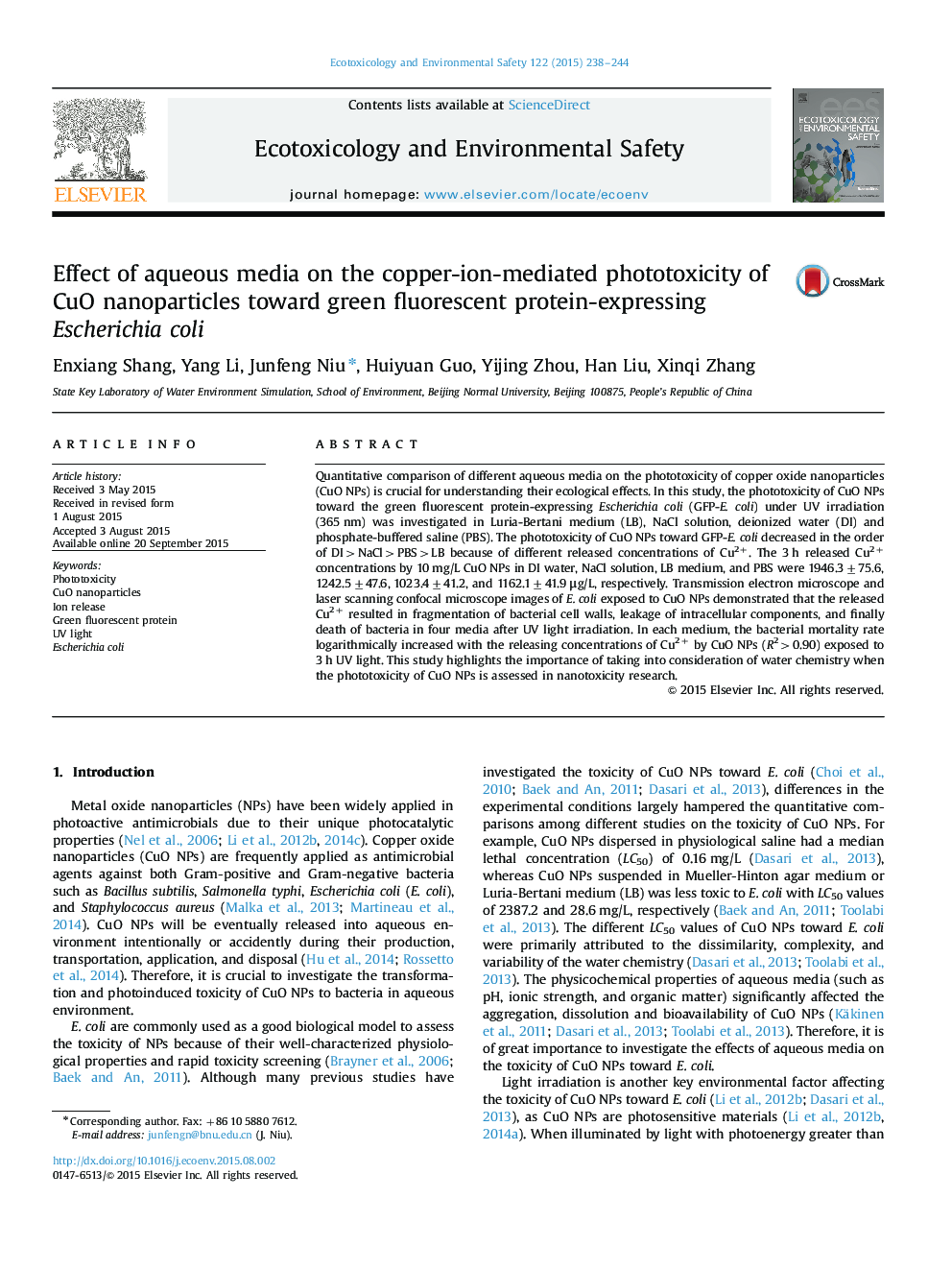 Effect of aqueous media on the copper-ion-mediated phototoxicity of CuO nanoparticles toward green fluorescent protein-expressing Escherichia coli