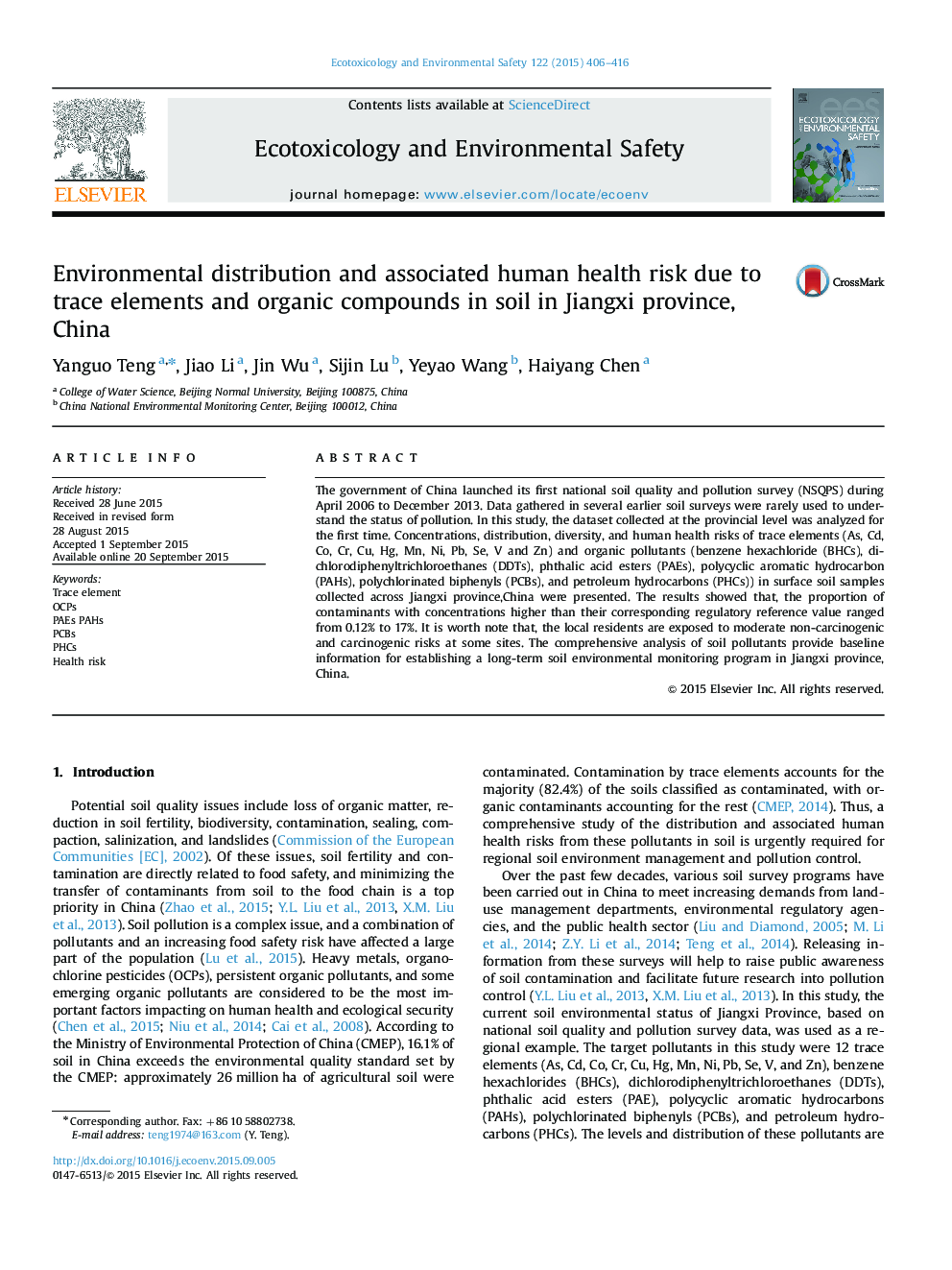 Environmental distribution and associated human health risk due to trace elements and organic compounds in soil in Jiangxi province, China