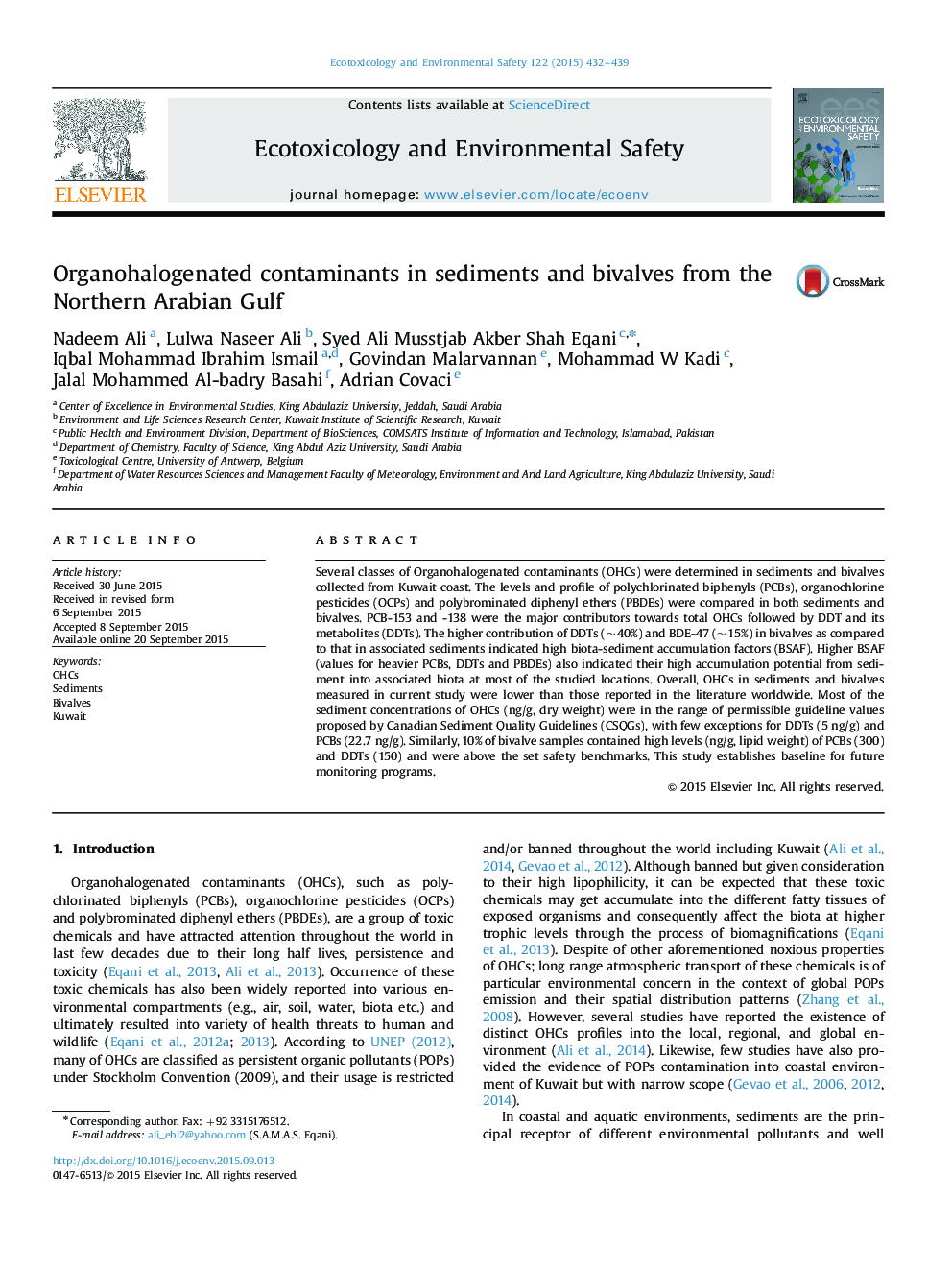 Organohalogenated contaminants in sediments and bivalves from the Northern Arabian Gulf