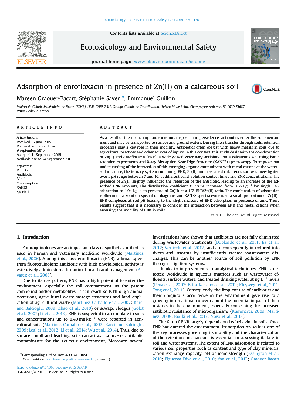 Adsorption of enrofloxacin in presence of Zn(II) on a calcareous soil