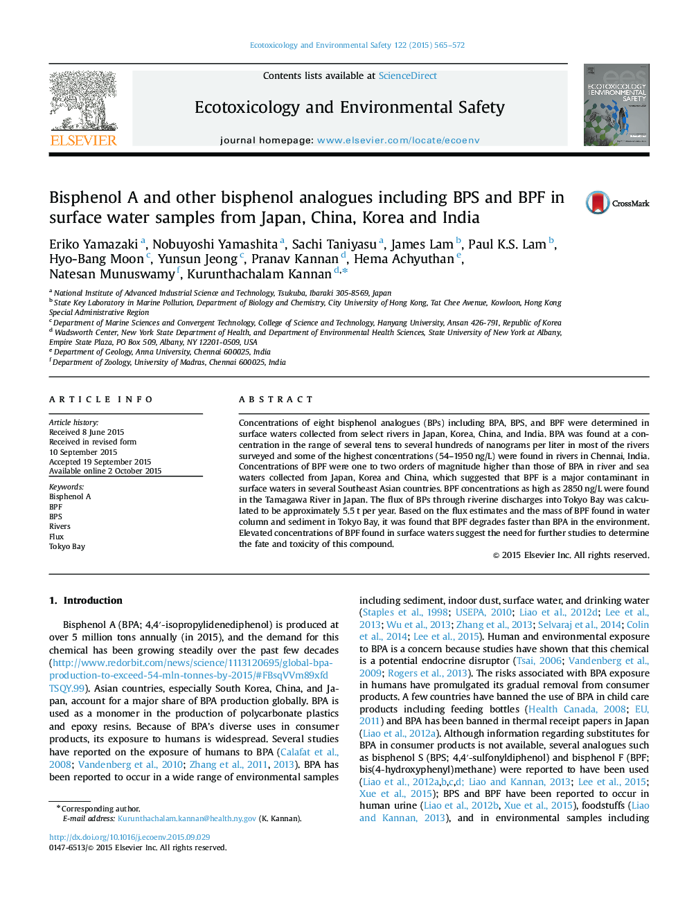 Bisphenol A and other bisphenol analogues including BPS and BPF in surface water samples from Japan, China, Korea and India