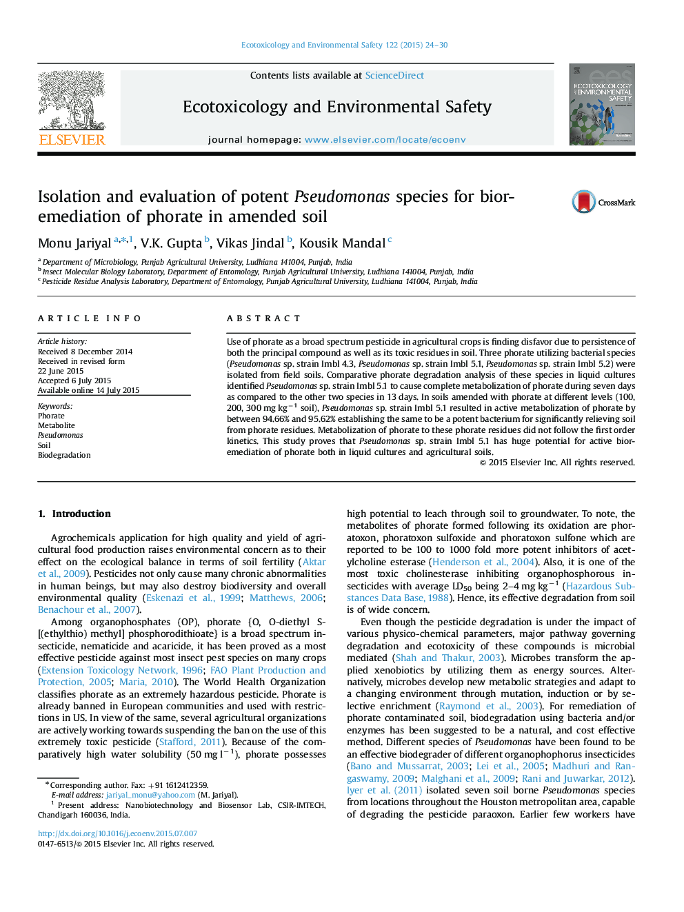 Isolation and evaluation of potent Pseudomonas species for bioremediation of phorate in amended soil