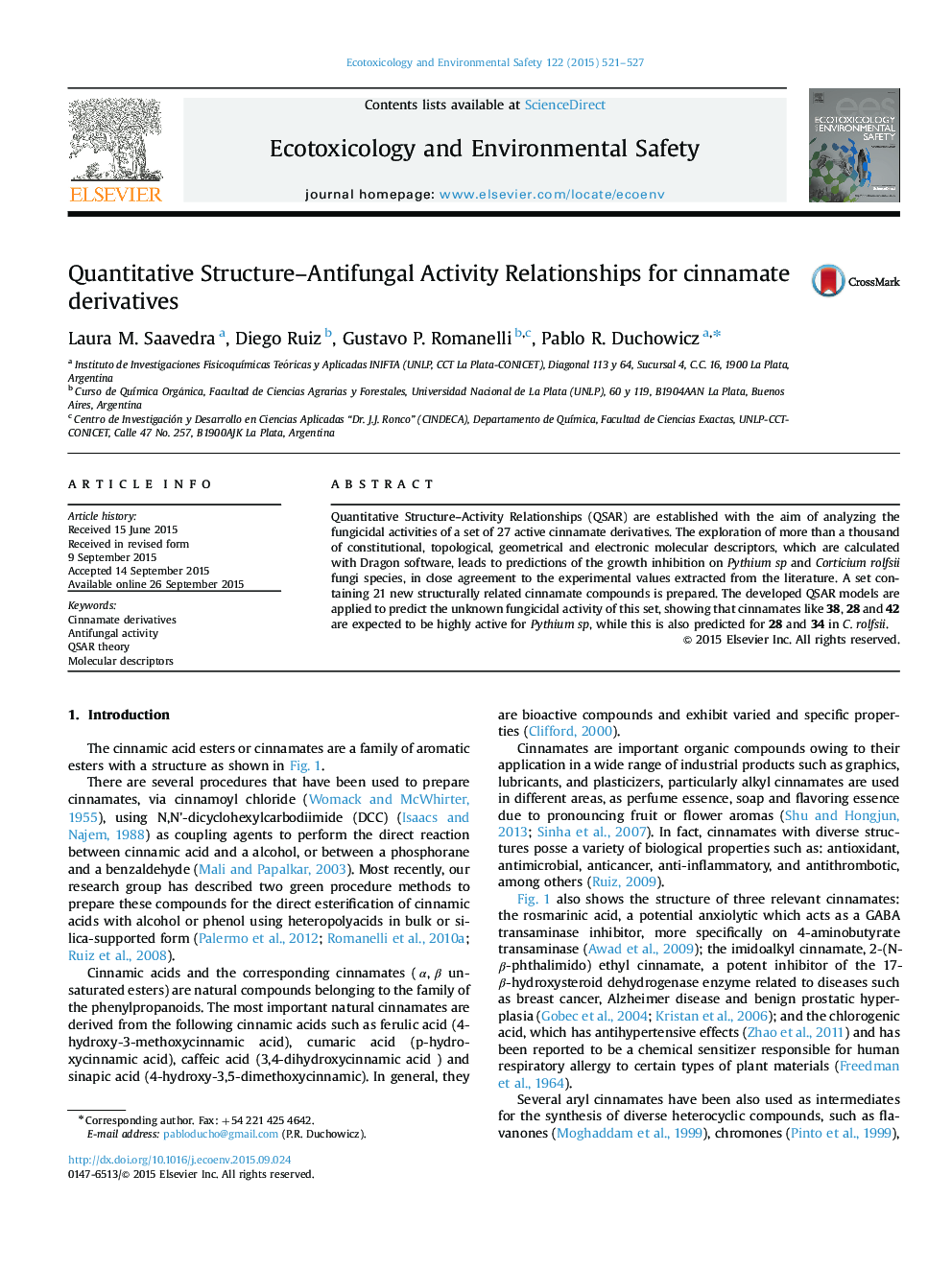 Quantitative Structure–Antifungal Activity Relationships for cinnamate derivatives