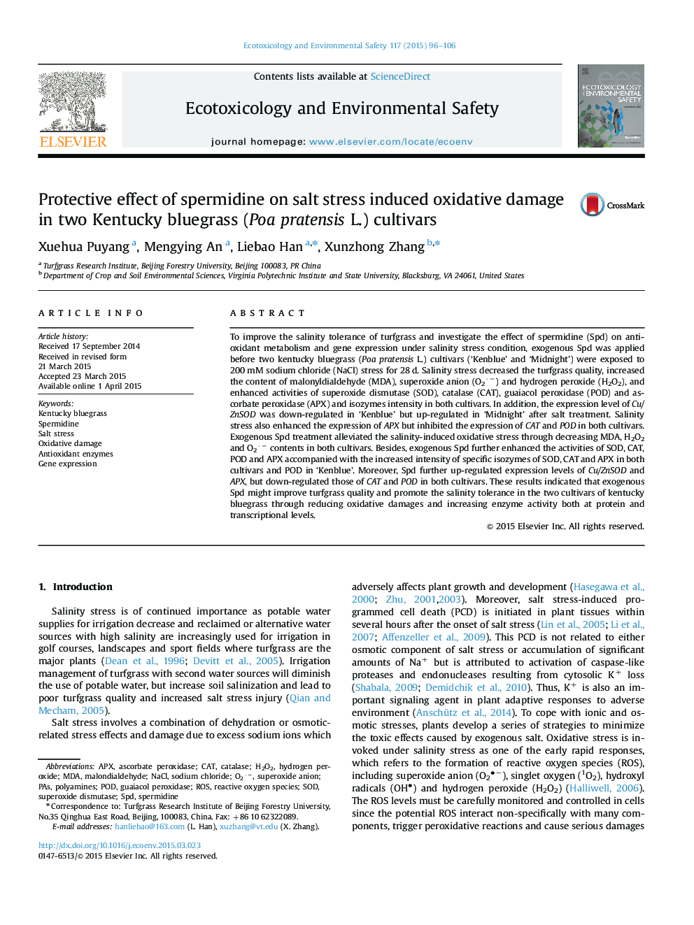 Protective effect of spermidine on salt stress induced oxidative damage in two Kentucky bluegrass (Poa pratensis L.) cultivars