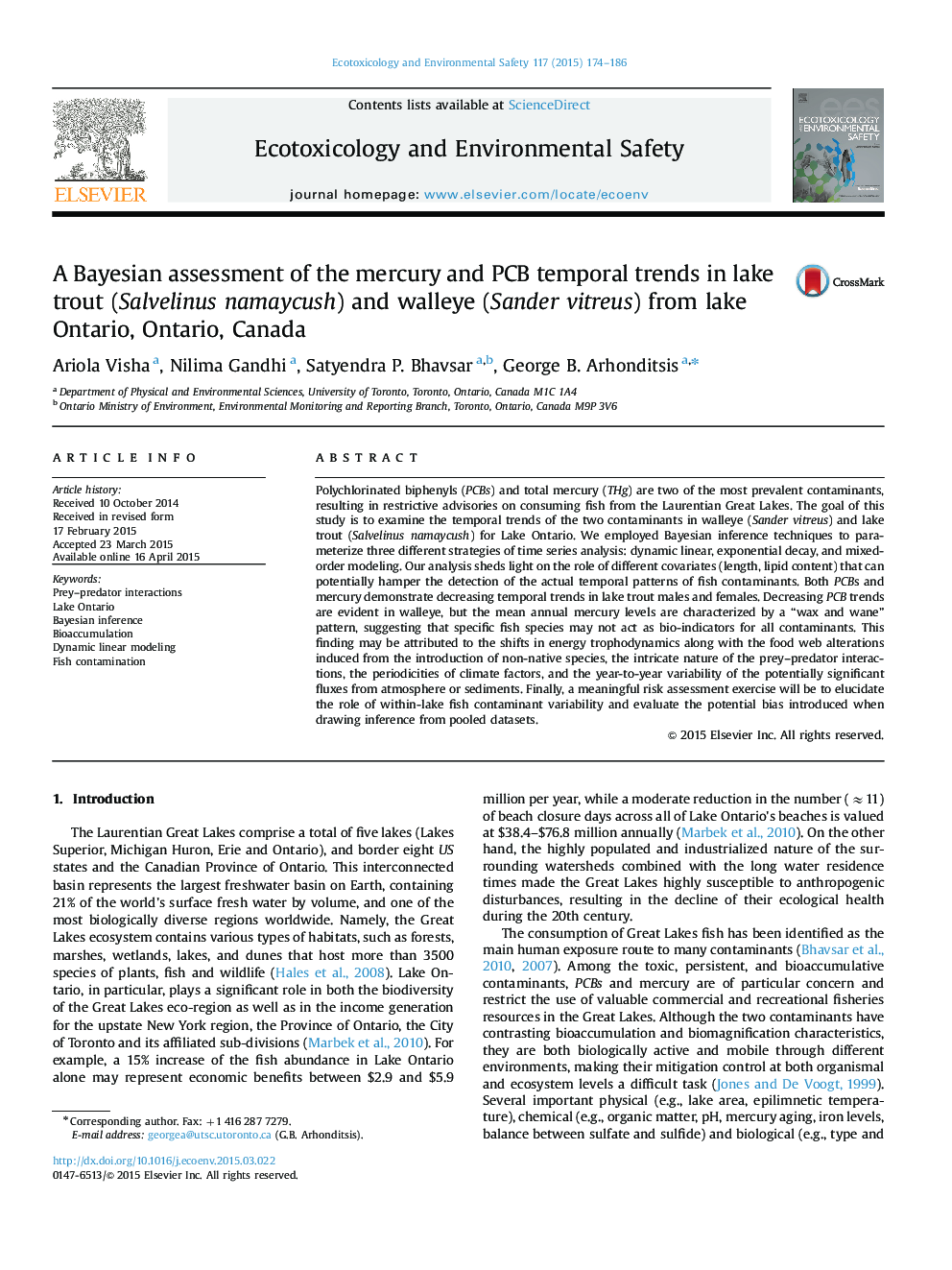 A Bayesian assessment of the mercury and PCB temporal trends in lake trout (Salvelinus namaycush) and walleye (Sander vitreus) from lake Ontario, Ontario, Canada