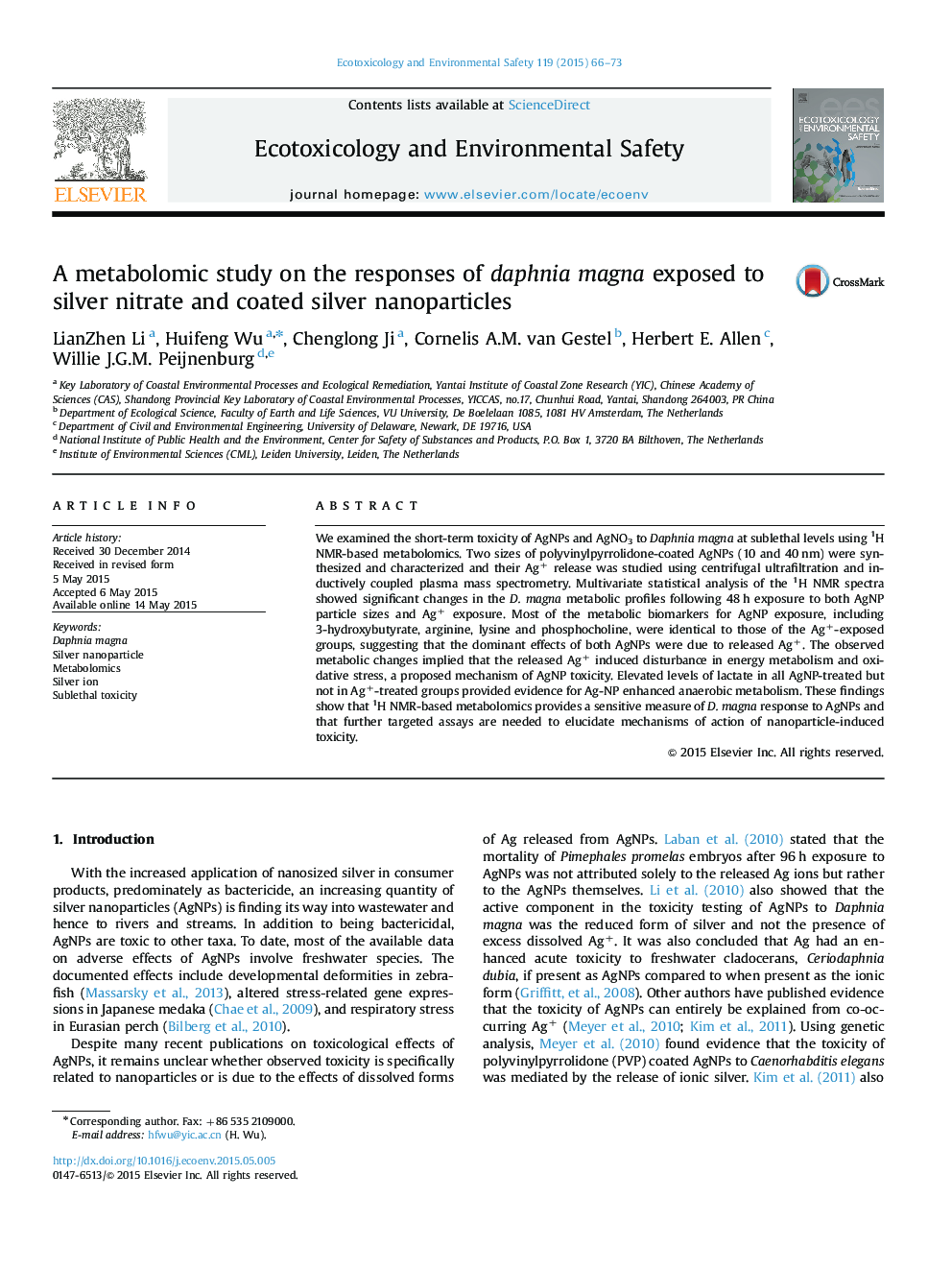 یک مطالعه متابولیکی بر روی پاسخهای دافنیا مگنا در معرض نیتروژن نقره و نانوذرات نقره ای پوشش داده شده است 