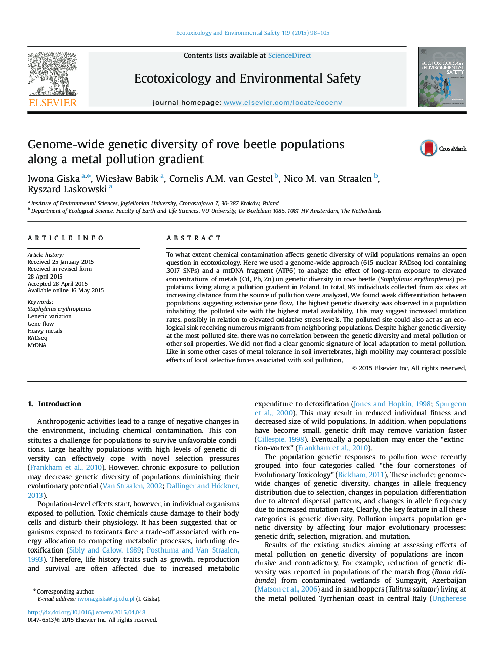 تنوع ژنتیکی جمعیت ژنوتیپ سوسری در طول گرادیان آلودگی فلزات 