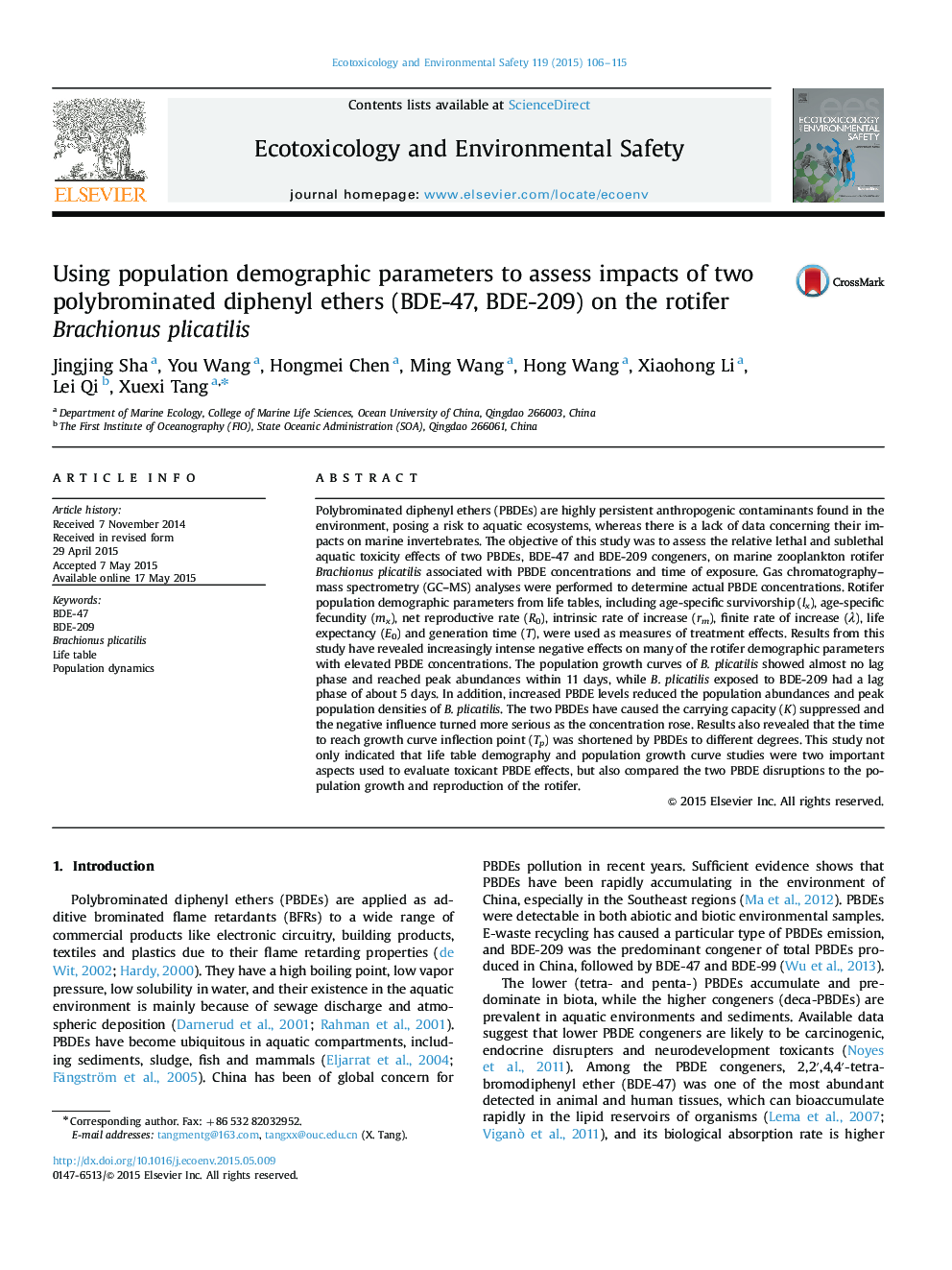 Using population demographic parameters to assess impacts of two polybrominated diphenyl ethers (BDE-47, BDE-209) on the rotifer Brachionus plicatilis