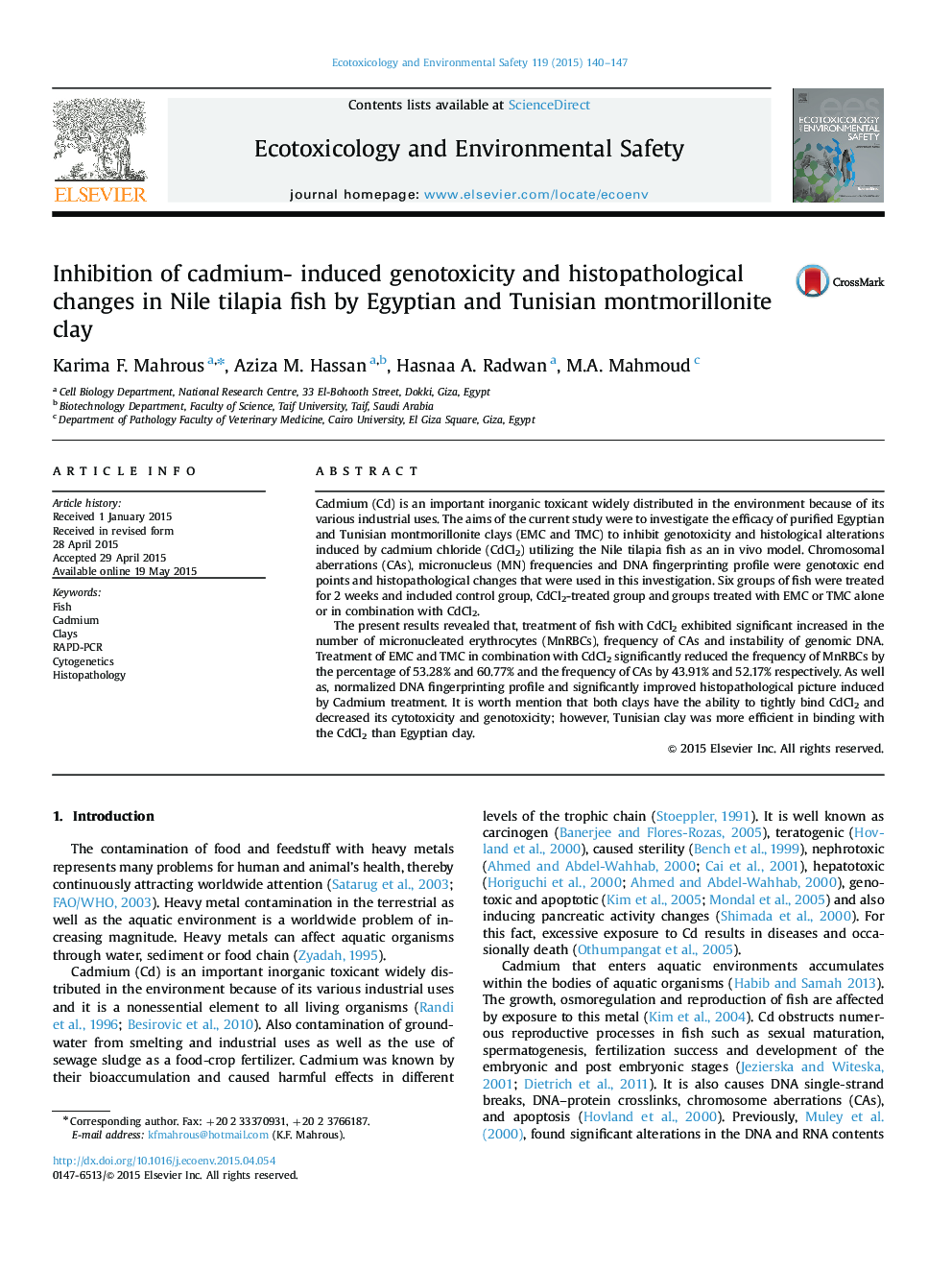 Inhibition of cadmium- induced genotoxicity and histopathological changes in Nile tilapia fish by Egyptian and Tunisian montmorillonite clay