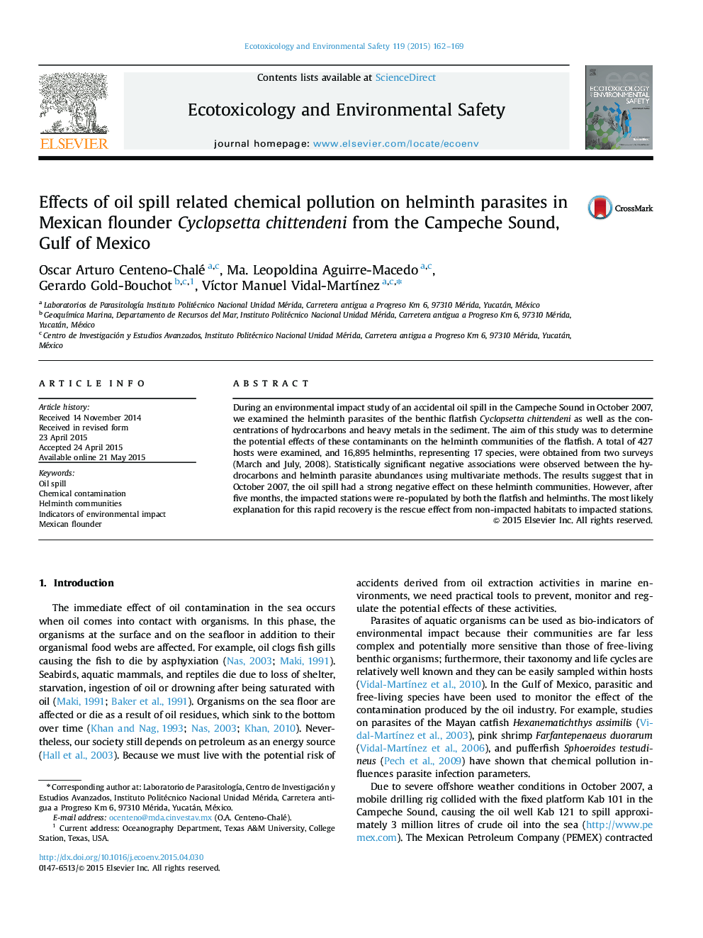 Effects of oil spill related chemical pollution on helminth parasites in Mexican flounder Cyclopsetta chittendeni from the Campeche Sound, Gulf of Mexico