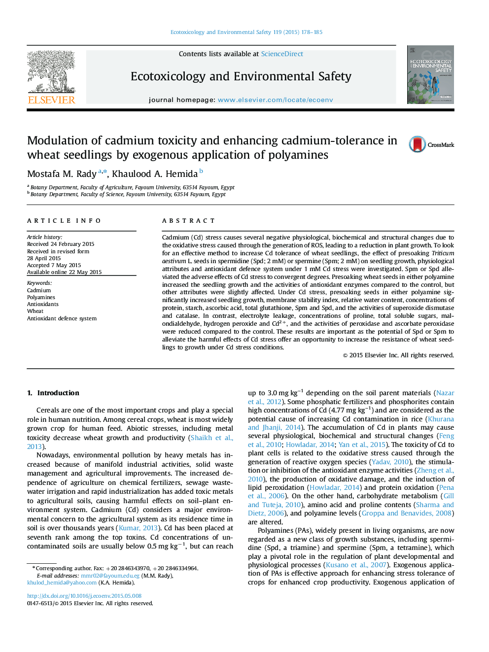 Modulation of cadmium toxicity and enhancing cadmium-tolerance in wheat seedlings by exogenous application of polyamines