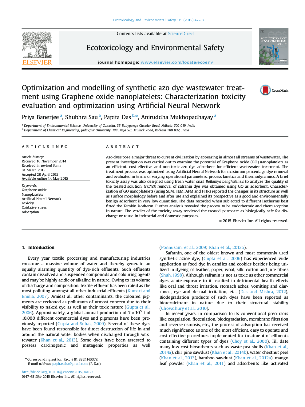 Optimization and modelling of synthetic azo dye wastewater treatment using Graphene oxide nanoplatelets: Characterization toxicity evaluation and optimization using Artificial Neural Network