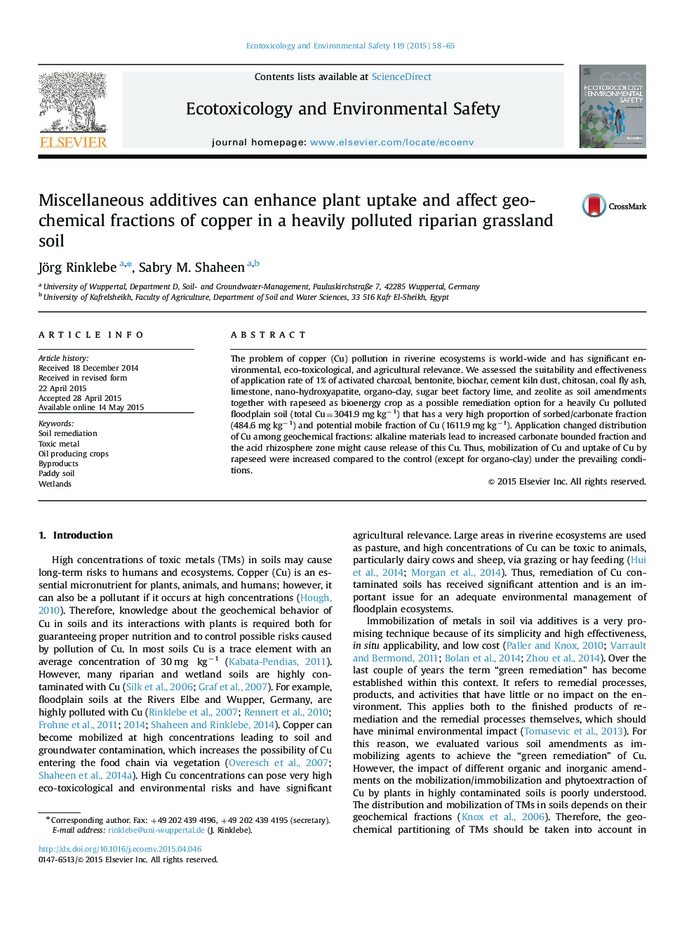 Miscellaneous additives can enhance plant uptake and affect geochemical fractions of copper in a heavily polluted riparian grassland soil