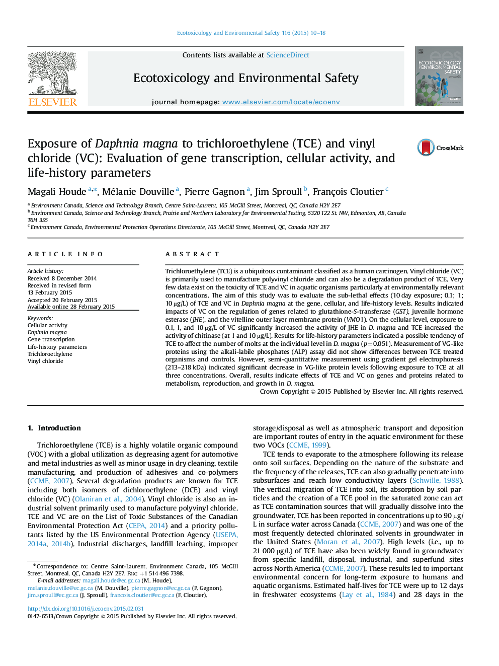 Exposure of Daphnia magna to trichloroethylene (TCE) and vinyl chloride (VC): Evaluation of gene transcription, cellular activity, and life-history parameters