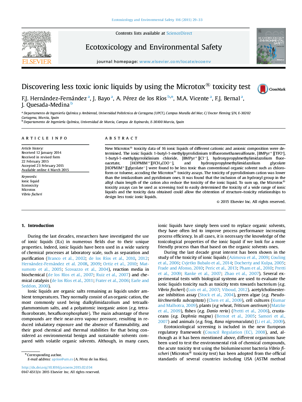 Discovering less toxic ionic liquids by using the Microtox® toxicity test