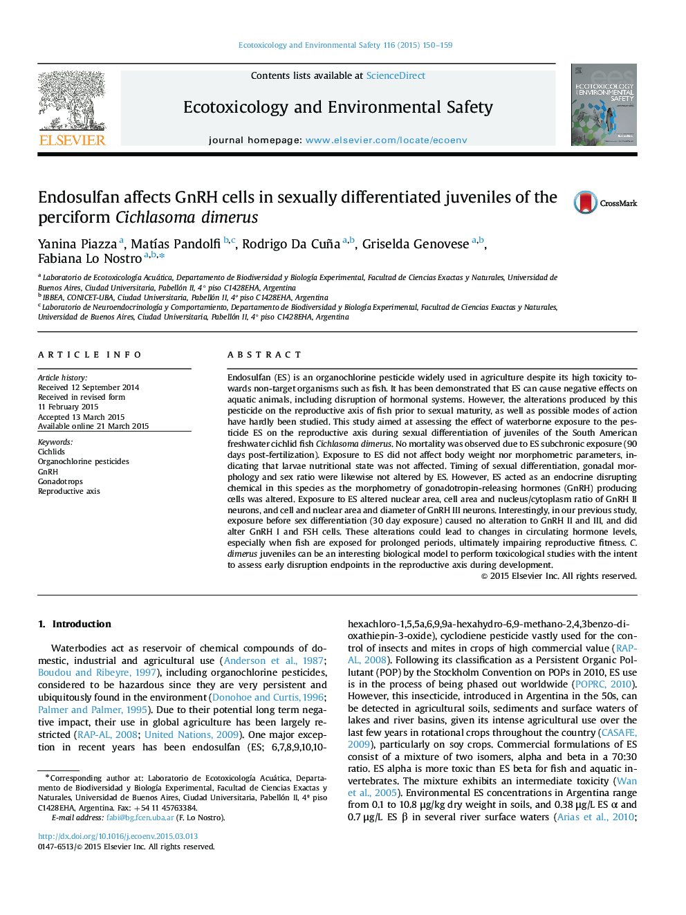 Endosulfan affects GnRH cells in sexually differentiated juveniles of the perciform Cichlasoma dimerus