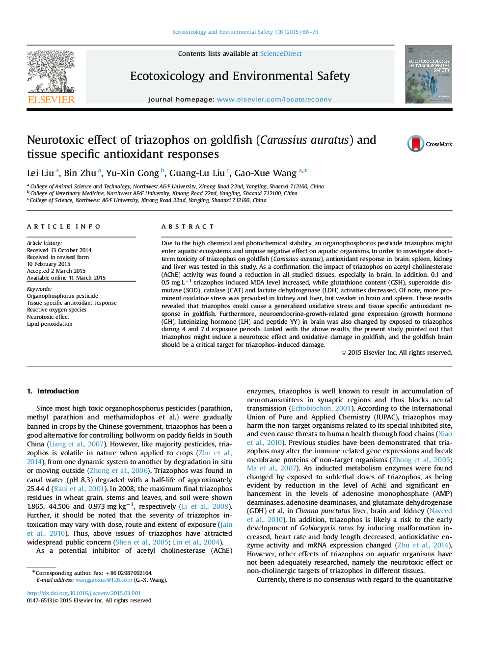 Neurotoxic effect of triazophos on goldfish (Carassius auratus) and tissue specific antioxidant responses