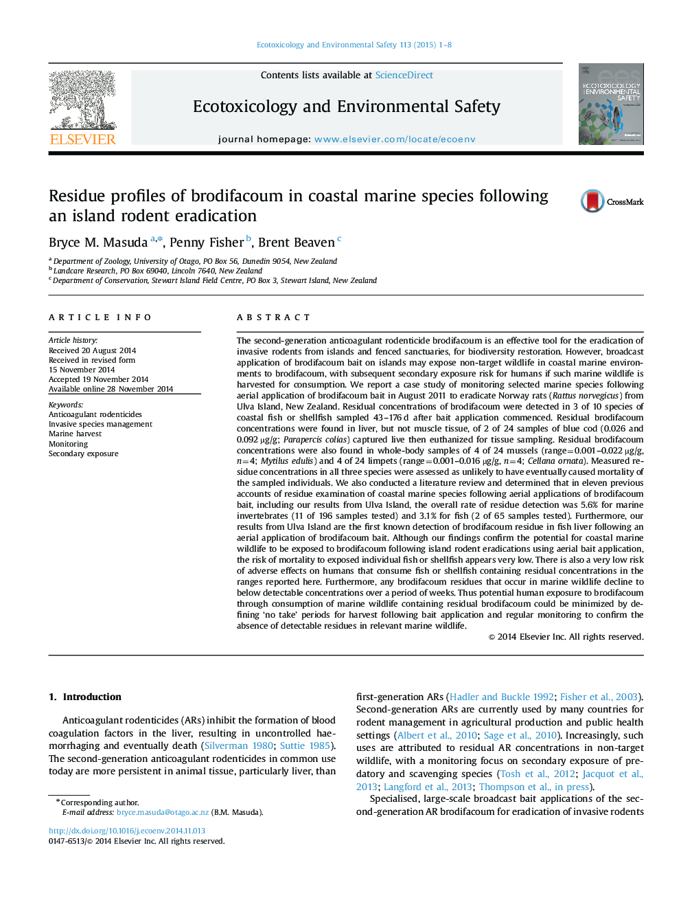 Residue profiles of brodifacoum in coastal marine species following an island rodent eradication